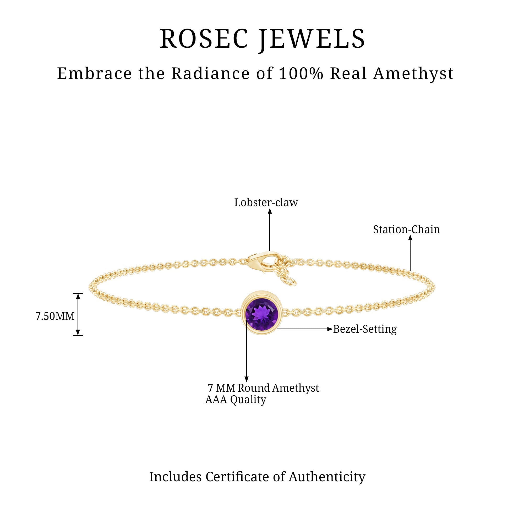 Genuine 7MM Amethyst Solitaire Chain Bracelet in Bezel Set