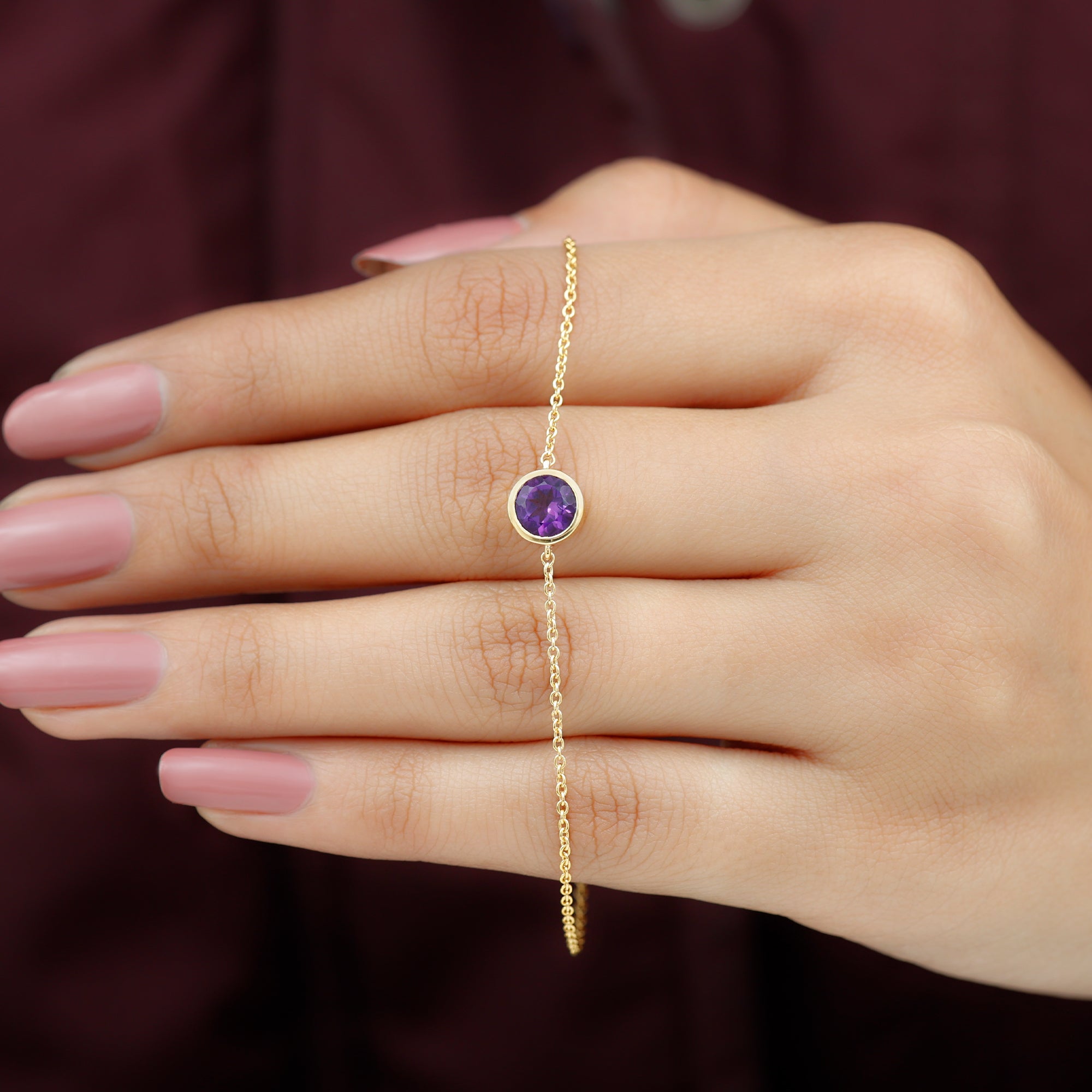Genuine 7MM Amethyst Solitaire Chain Bracelet in Bezel Set