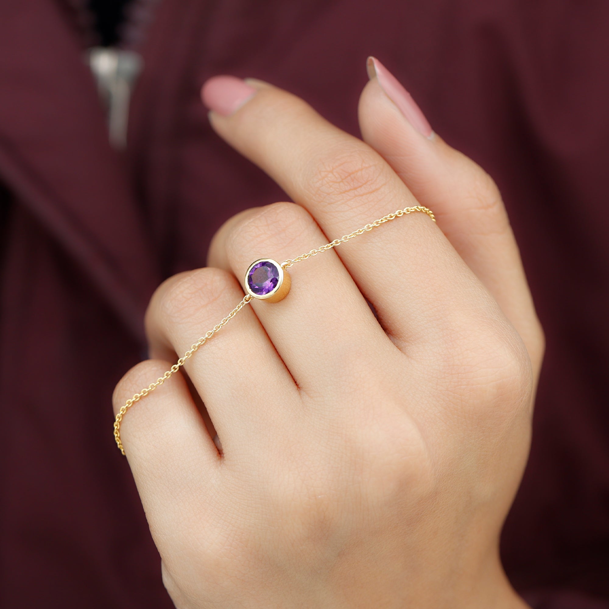 Genuine 7MM Amethyst Solitaire Chain Bracelet in Bezel Set