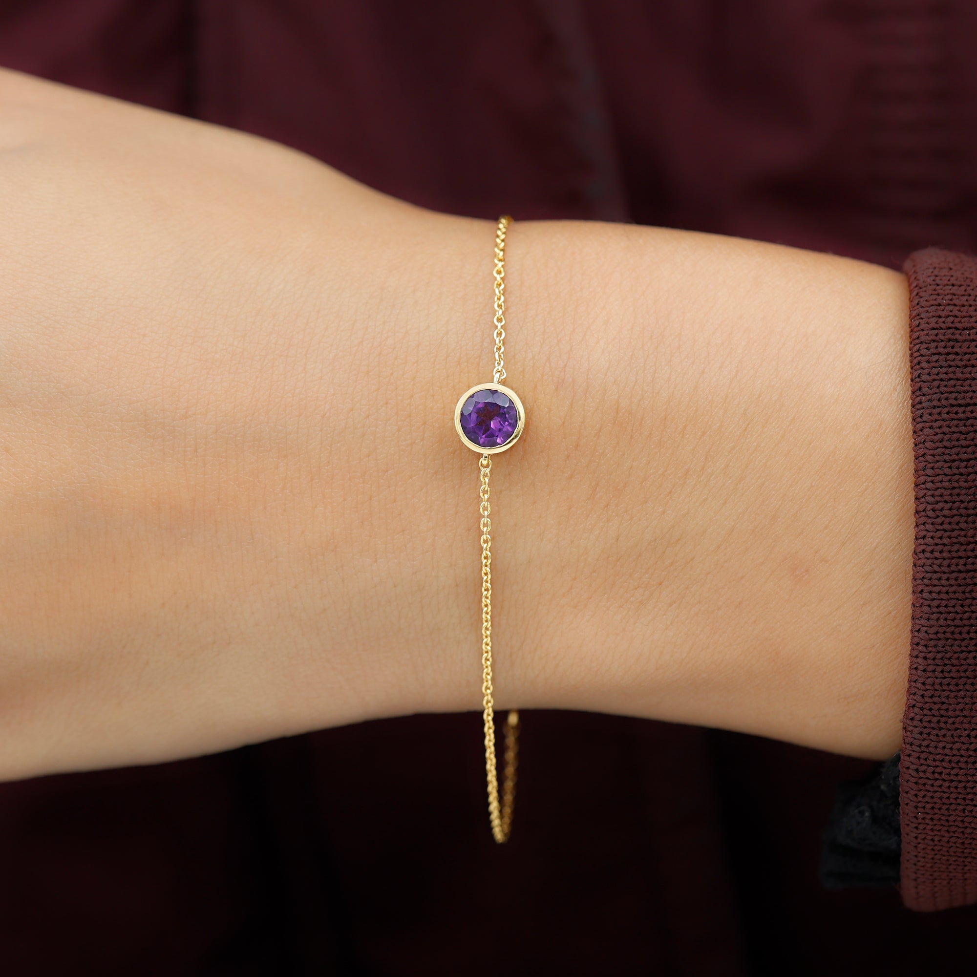 Genuine 7MM Amethyst Solitaire Chain Bracelet in Bezel Set