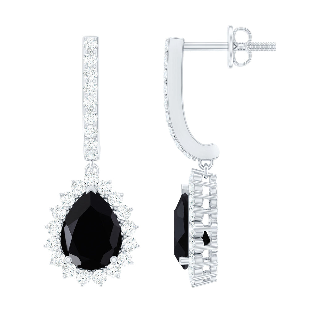 Natural 6X8mm Black Spinel Teardrop Earrings with Moissanite Halo