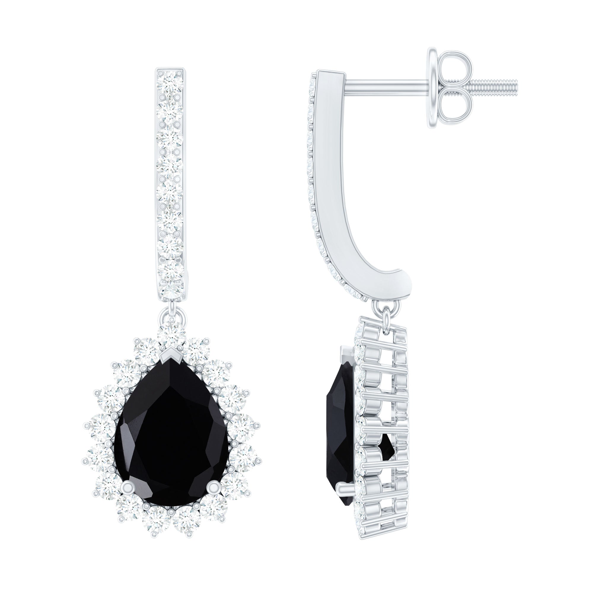 Natural 6X8mm Black Spinel Teardrop Earrings with Moissanite Halo