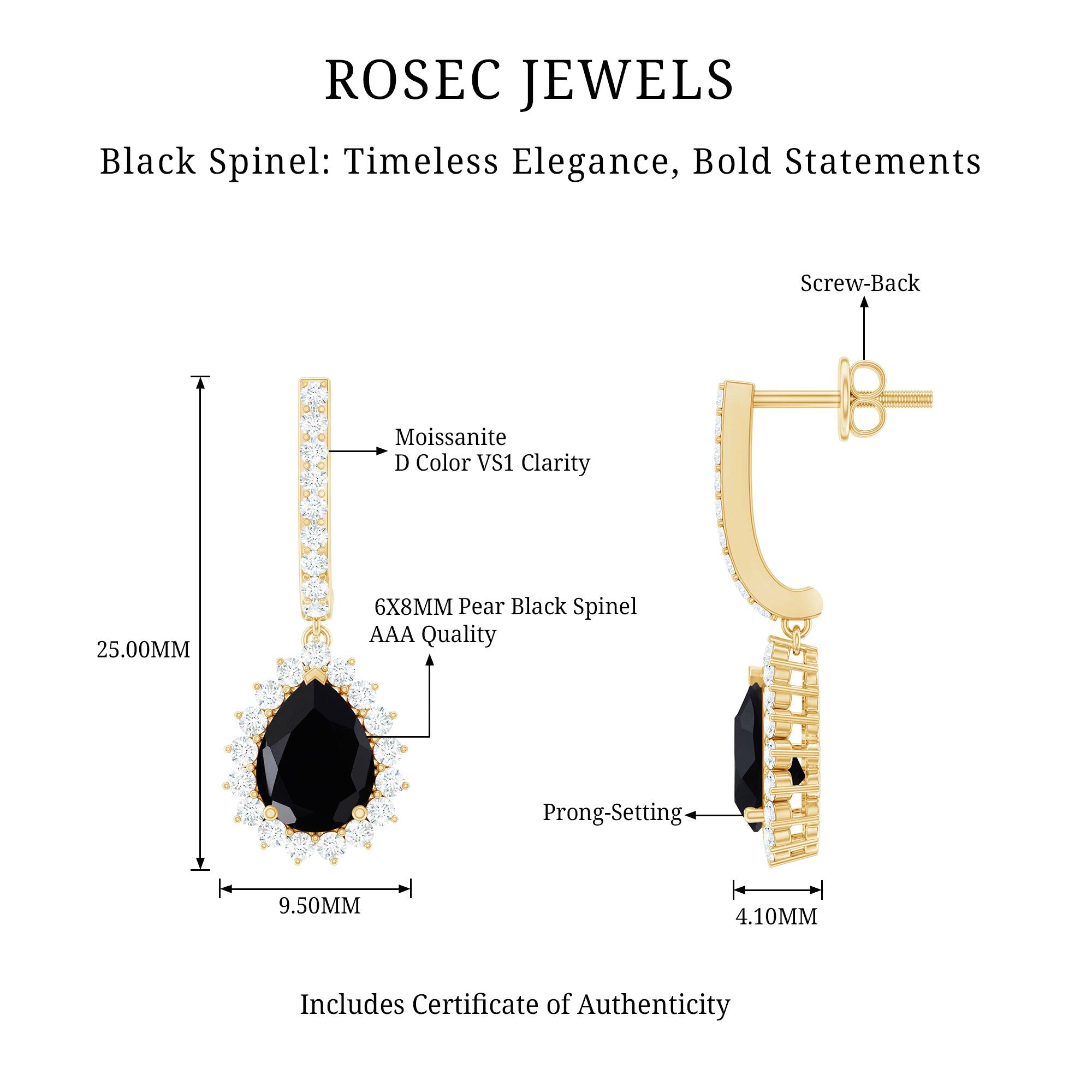 Natural 6X8mm Black Spinel Teardrop Earrings with Moissanite Halo