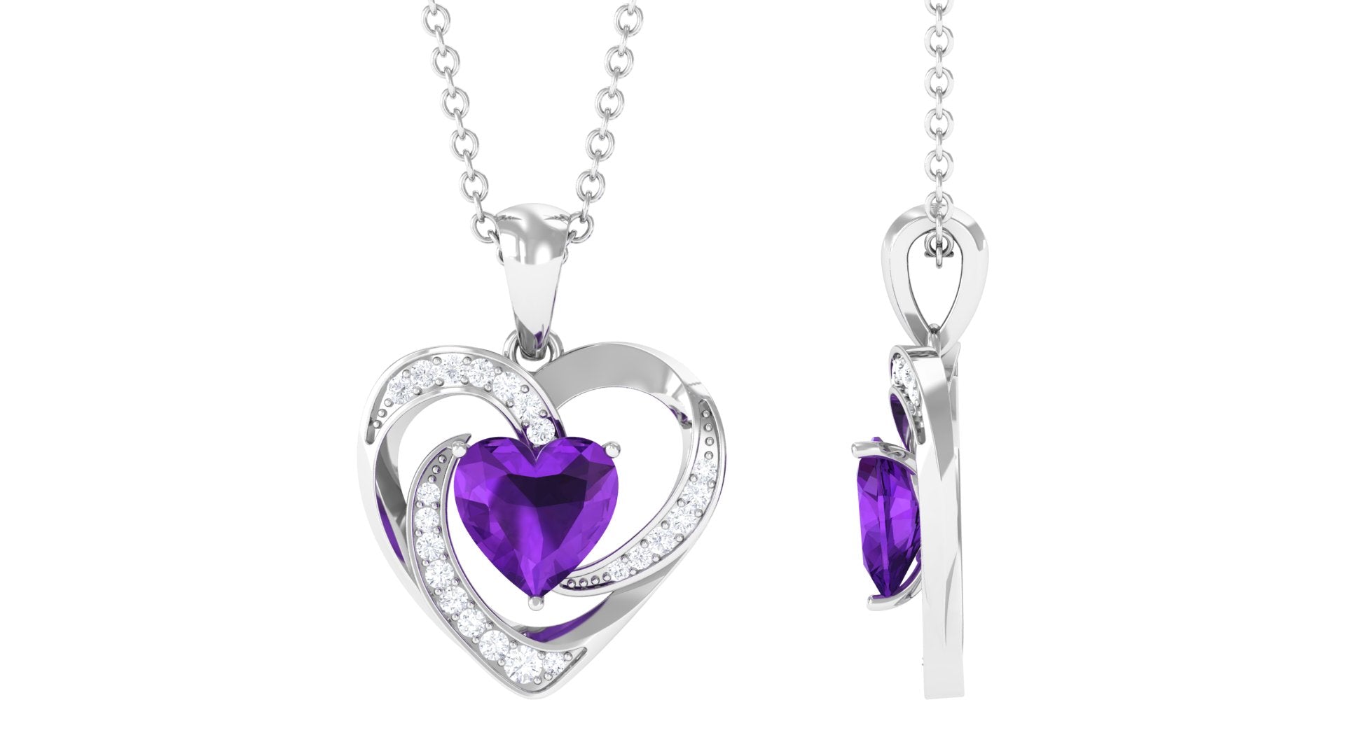 Natural 1 Carat Amethyst Heart Pendant Necklace with Diamond