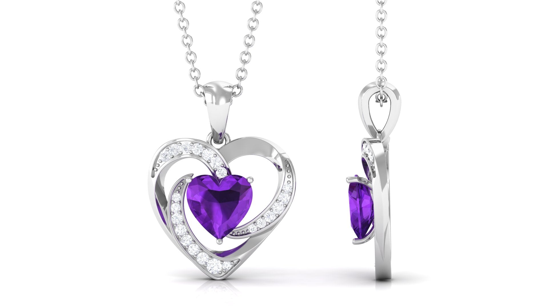 Natural 1 Carat Amethyst Heart Pendant Necklace with Diamond
