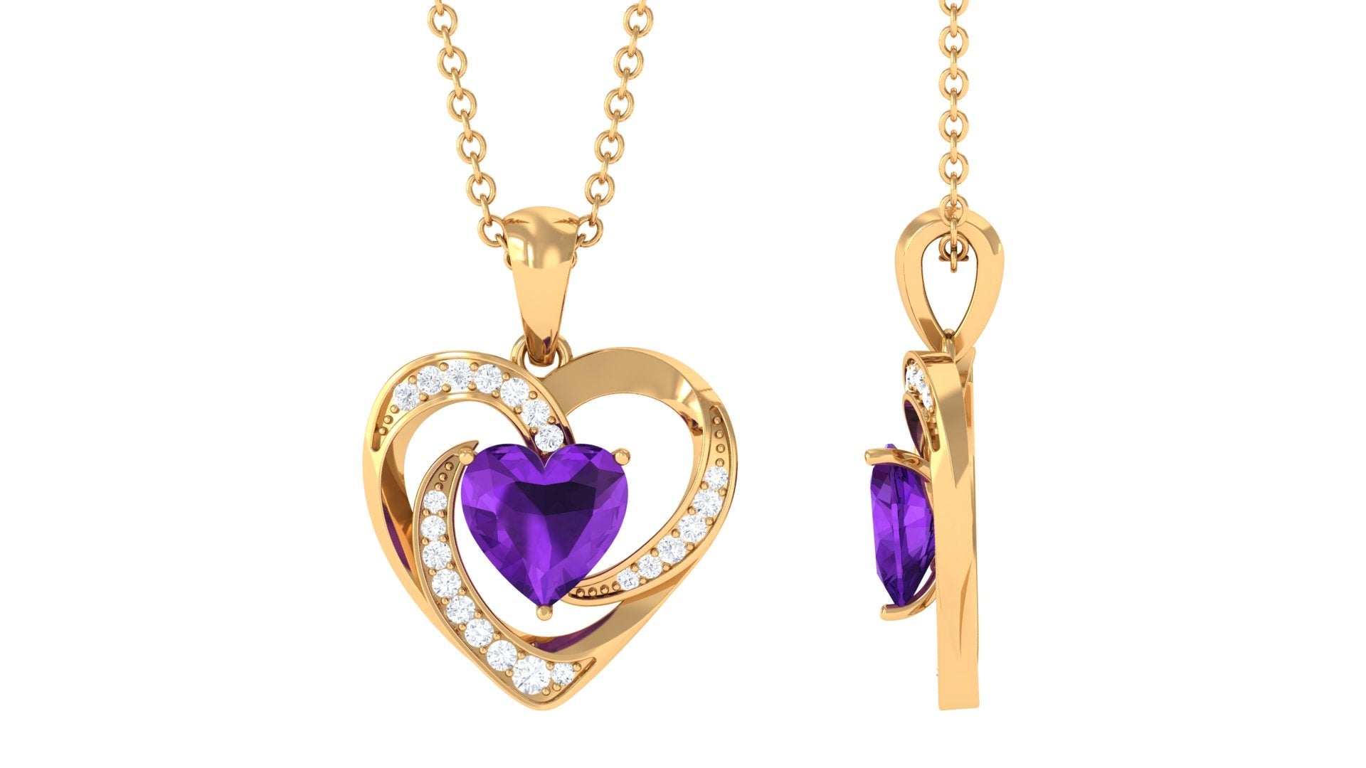 Natural 1 Carat Amethyst Heart Pendant Necklace with Diamond