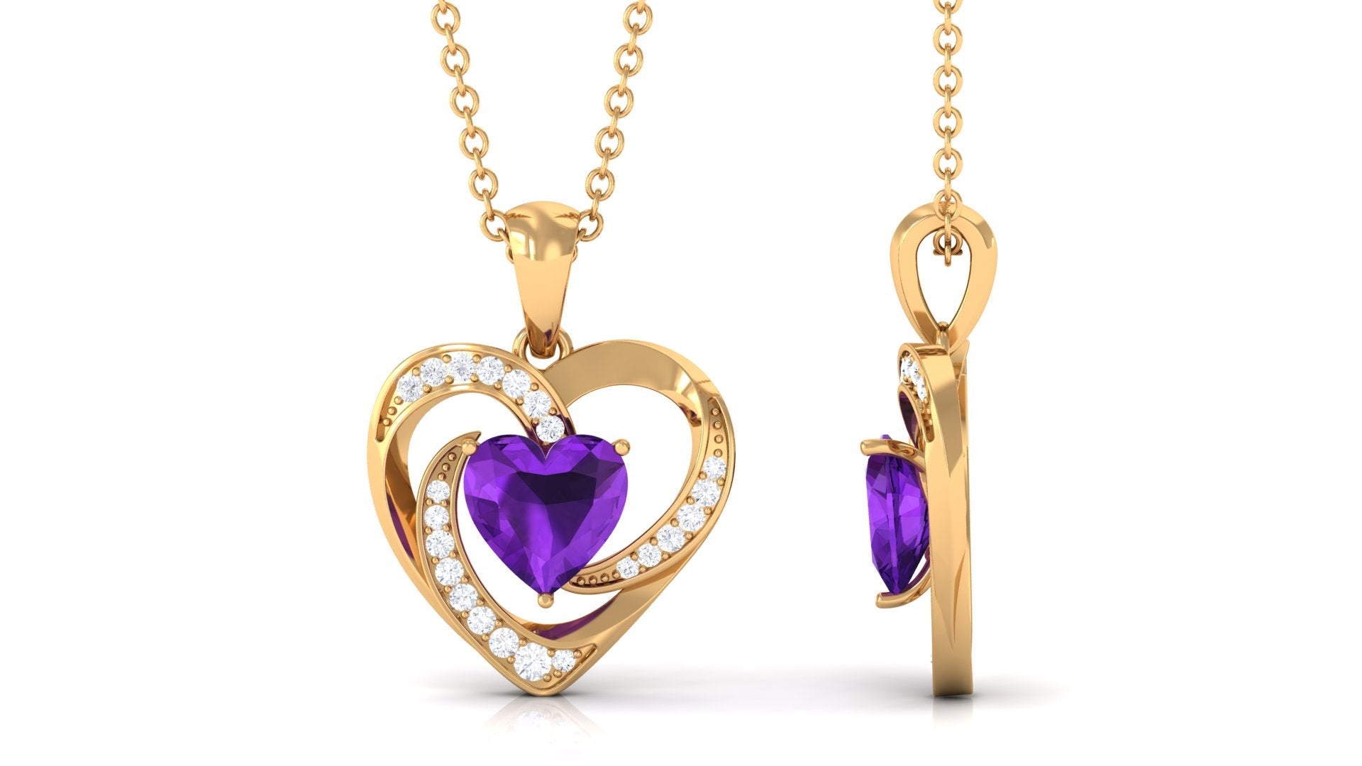 Natural 1 Carat Amethyst Heart Pendant Necklace with Diamond