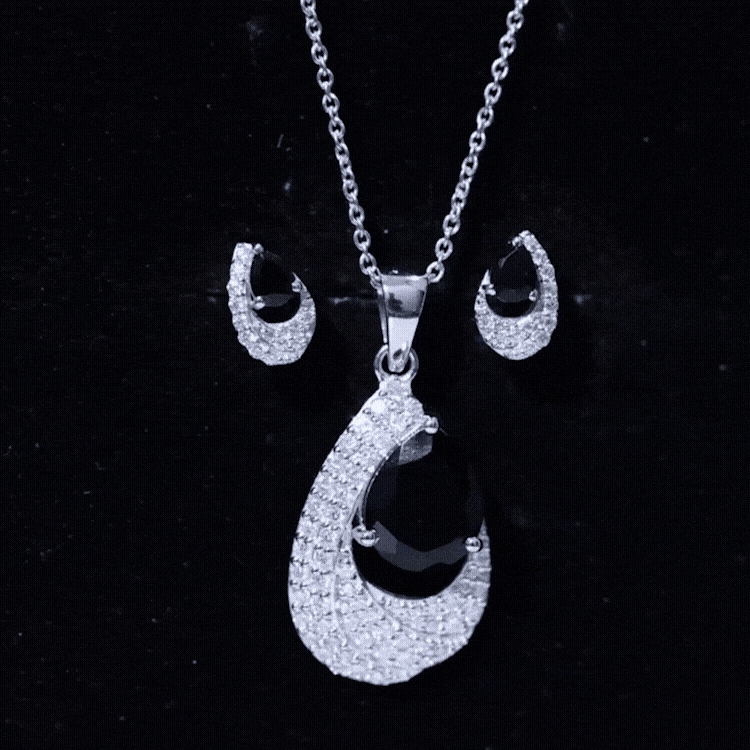 Natural 3 Carat Black Onyx Teardrop Necklace and Earrings Set with Certificate
