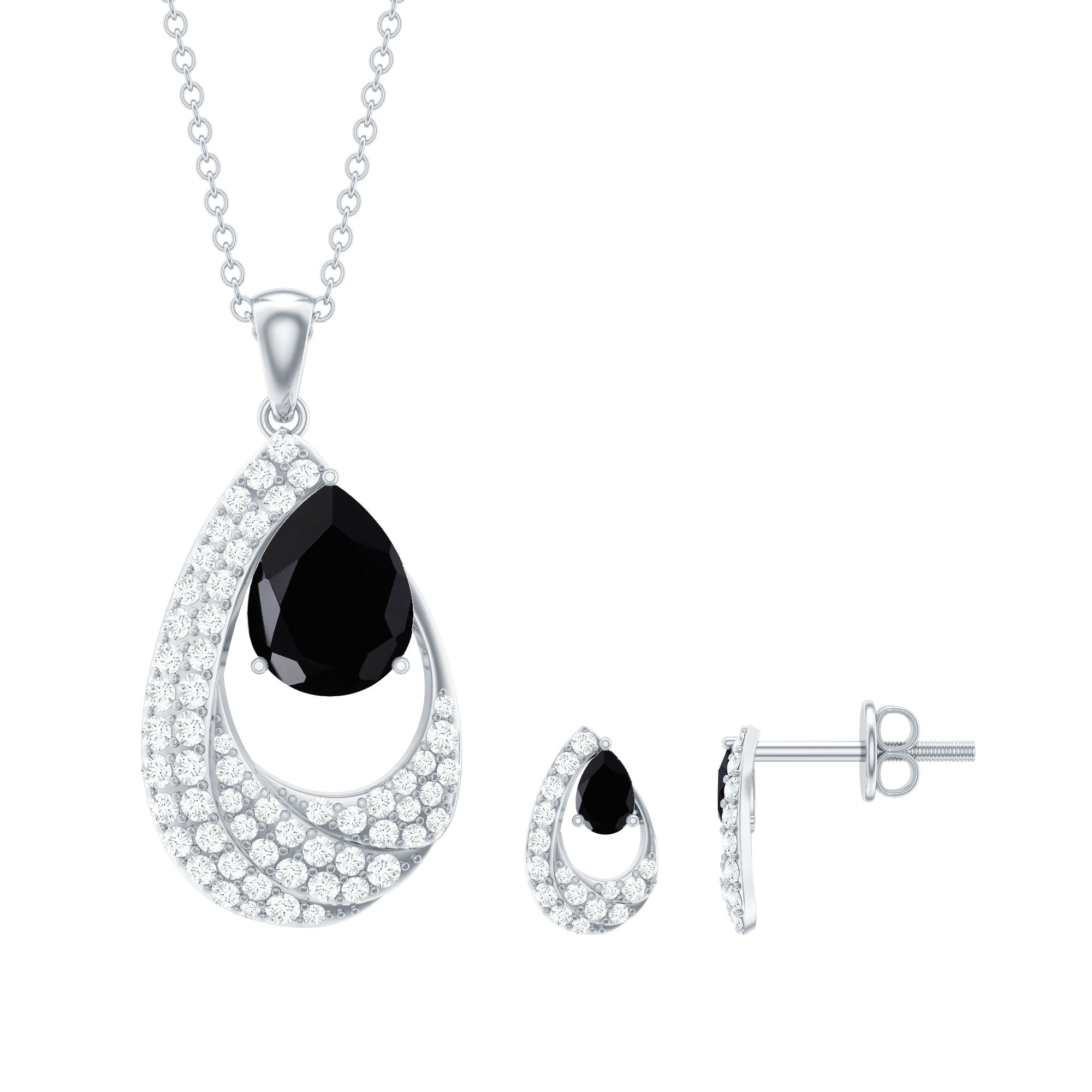 Natural 3 Carat Black Onyx Teardrop Necklace and Earrings Set with Certificate