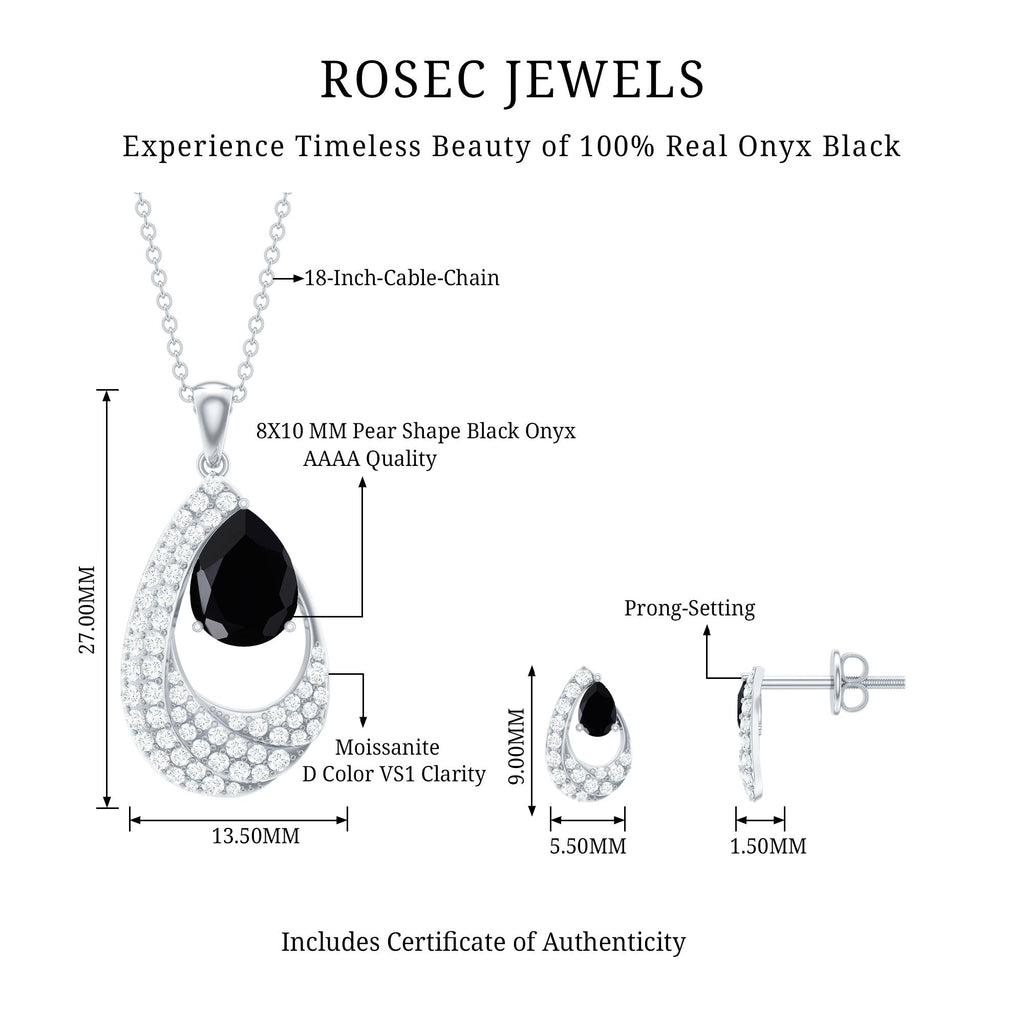 Natural 3 Carat Black Onyx Teardrop Necklace and Earrings Set with Certificate