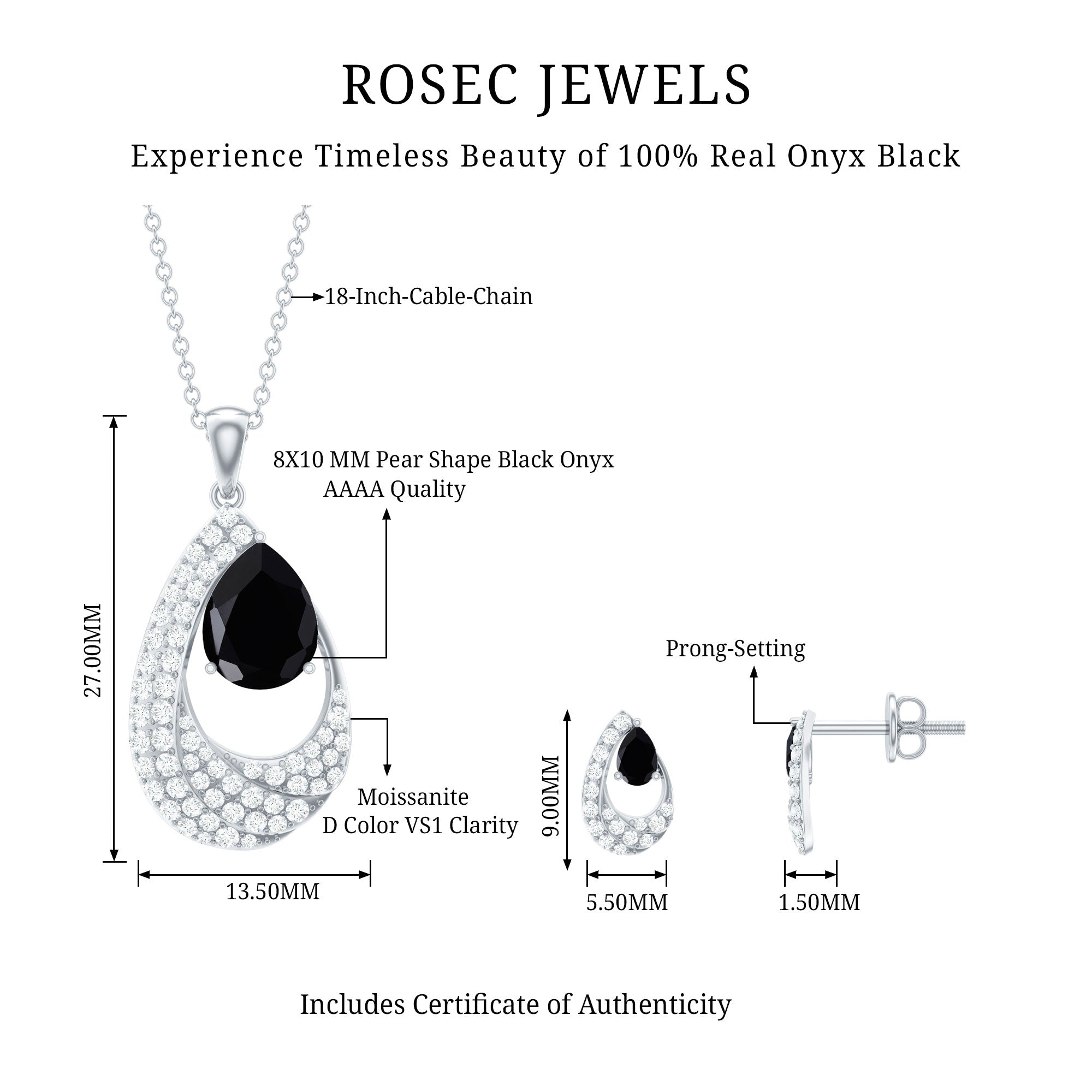 Natural 3 Carat Black Onyx Teardrop Necklace and Earrings Set with Certificate