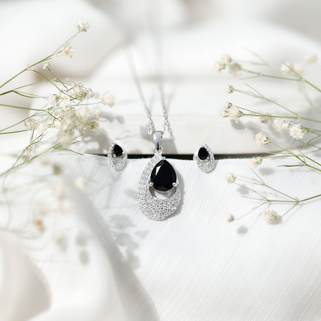 Natural 3 Carat Black Onyx Teardrop Necklace and Earrings Set with Certificate