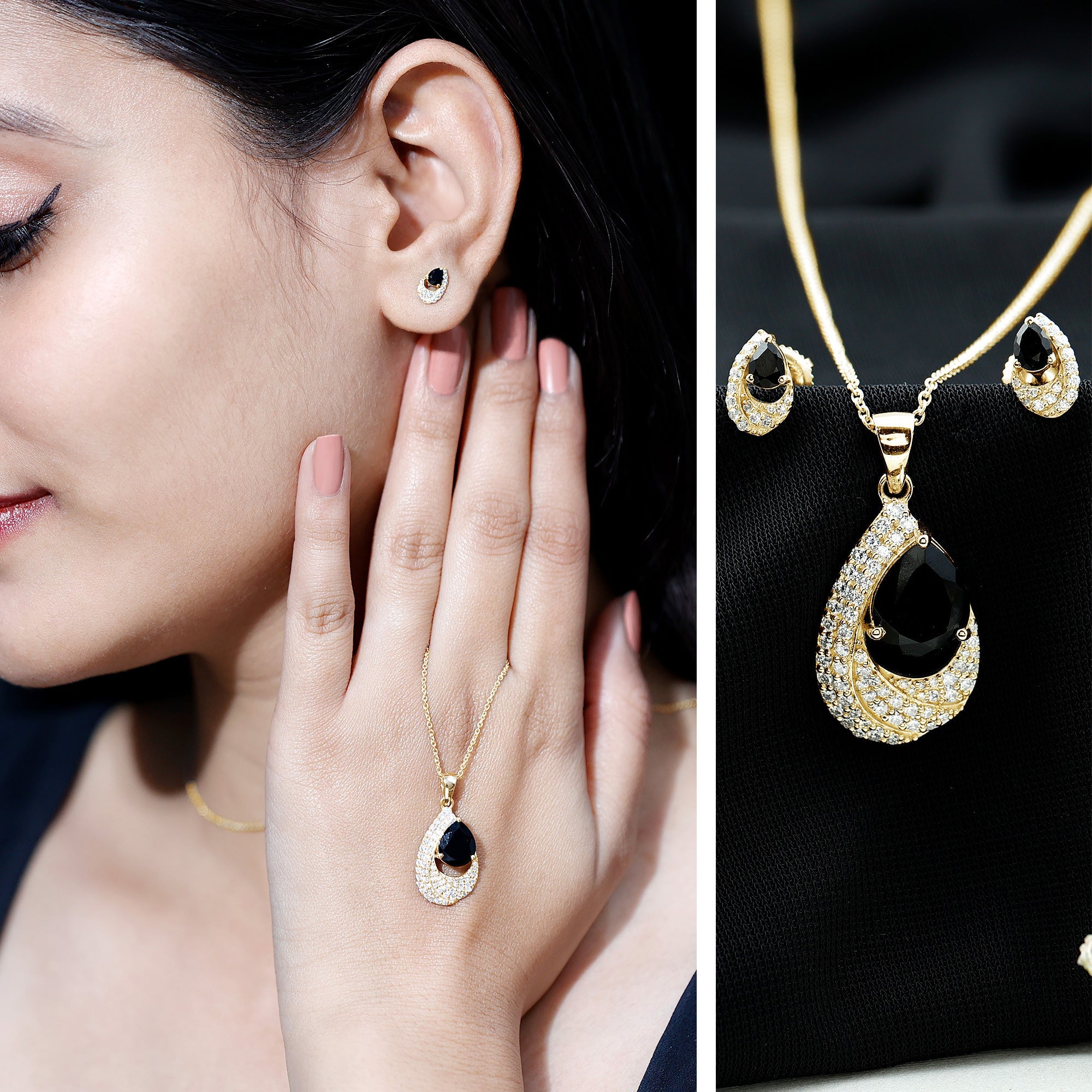Natural 3 Carat Black Onyx Teardrop Necklace and Earrings Set with Certificate