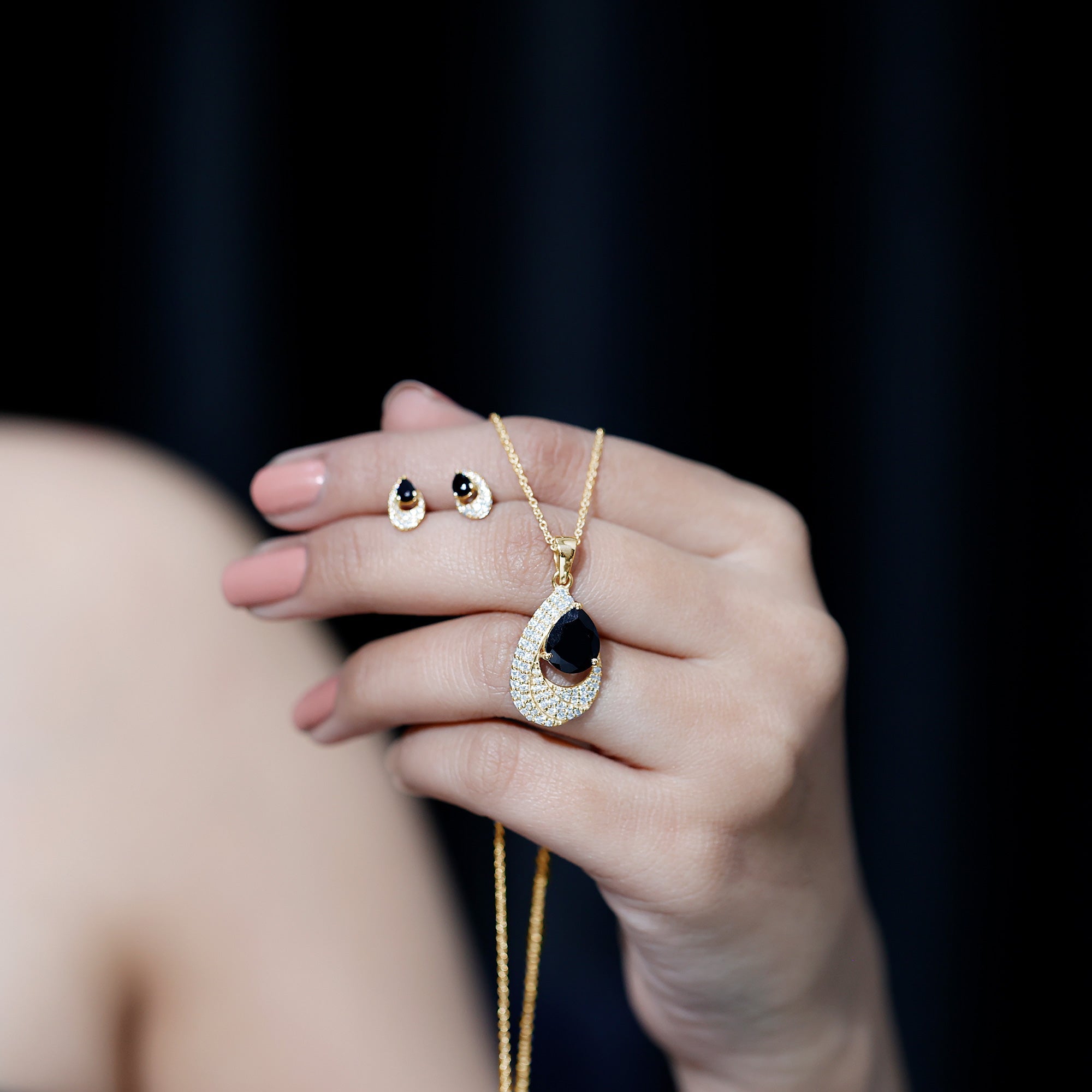 Natural 3 Carat Black Onyx Teardrop Necklace and Earrings Set with Certificate