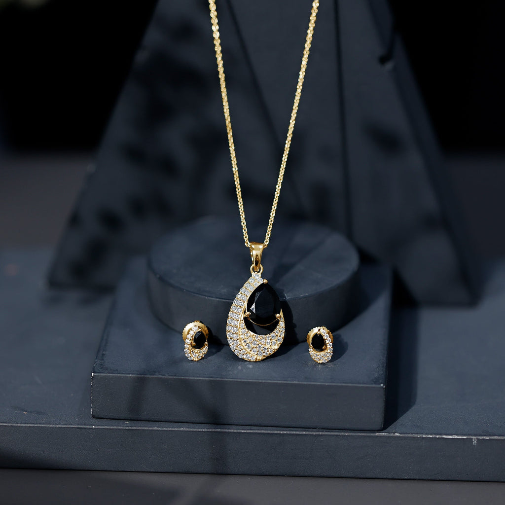 Natural 3 Carat Black Onyx Teardrop Necklace and Earrings Set with Certificate