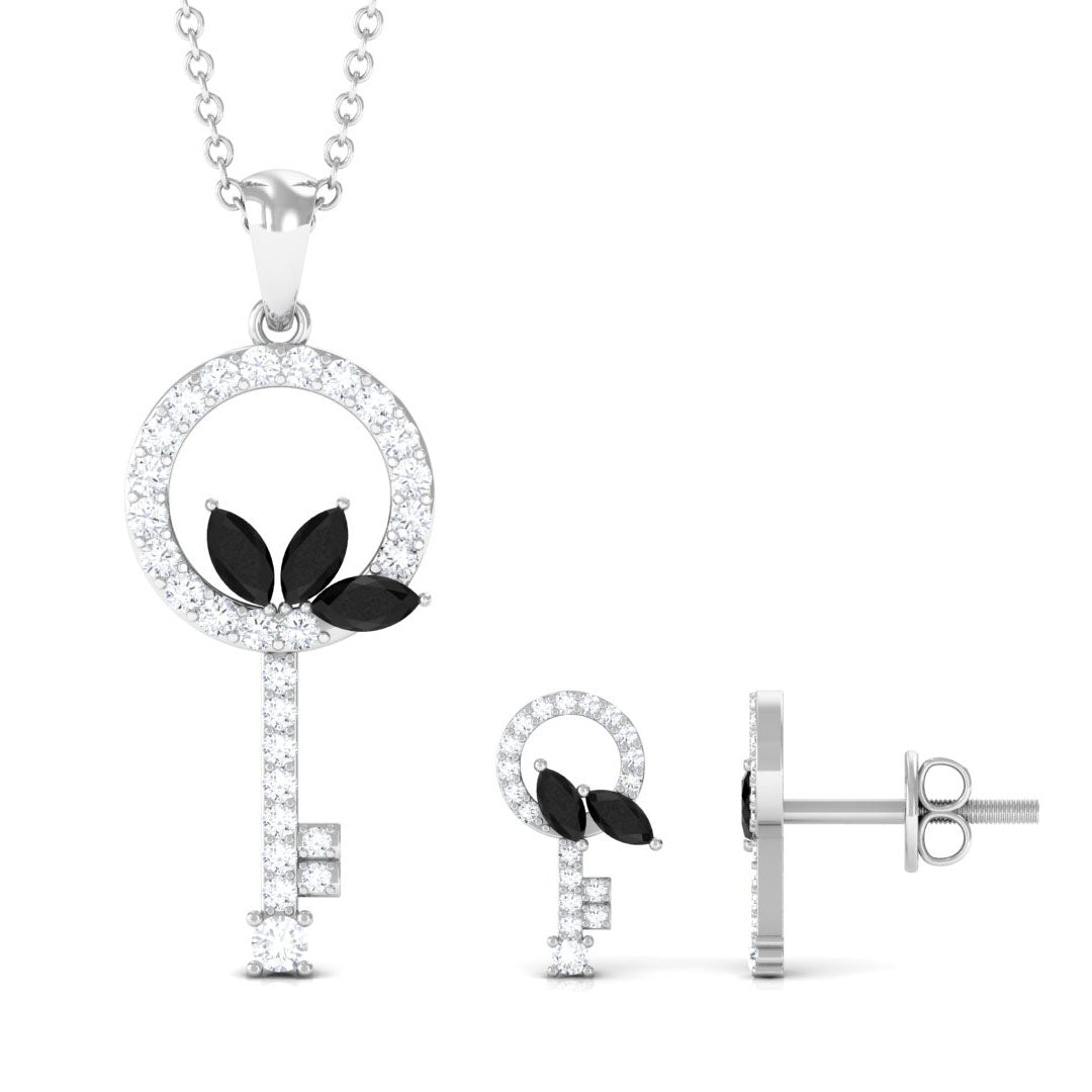 Natural Black Onyx Key Pendant and Earrings Set with Diamond