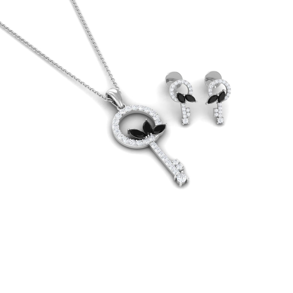 Natural Black Onyx Key Pendant and Earrings Set with Diamond