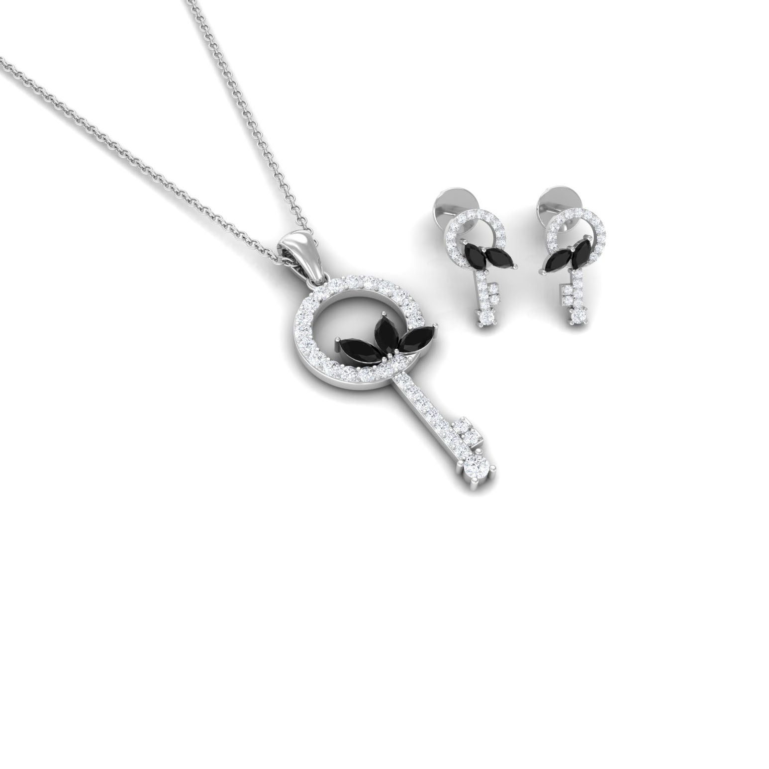 Natural Black Onyx Key Pendant and Earrings Set with Diamond