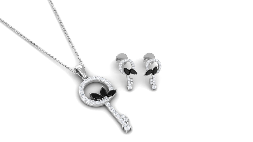 Natural Black Onyx Key Pendant and Earrings Set with Diamond