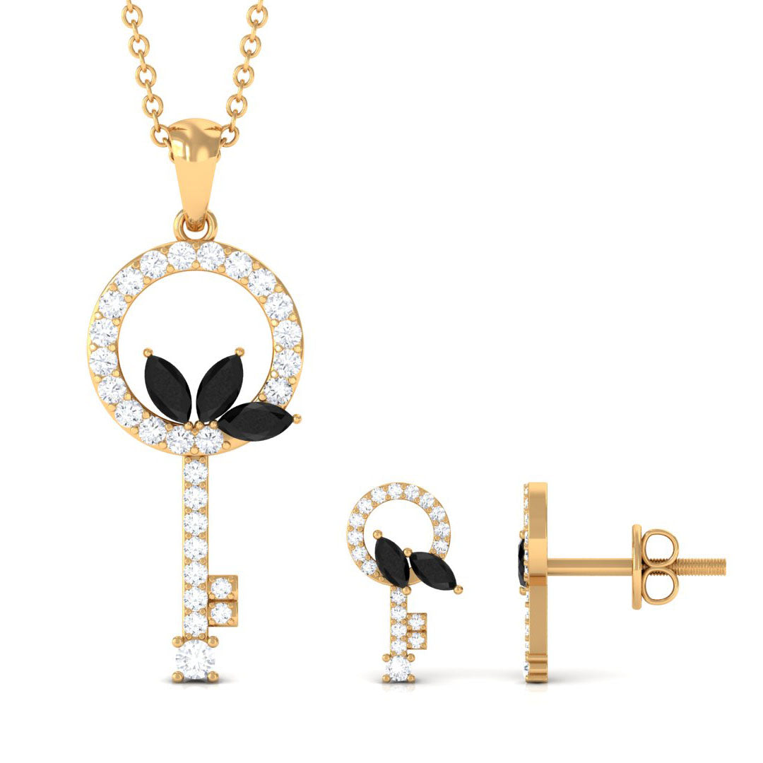 Natural Black Onyx Key Pendant and Earrings Set with Diamond