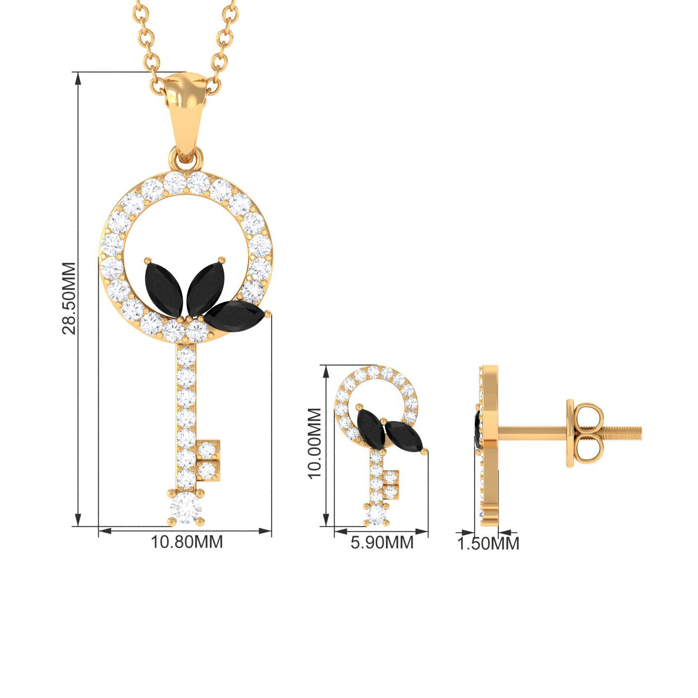 Natural Black Onyx Key Pendant and Earrings Set with Diamond