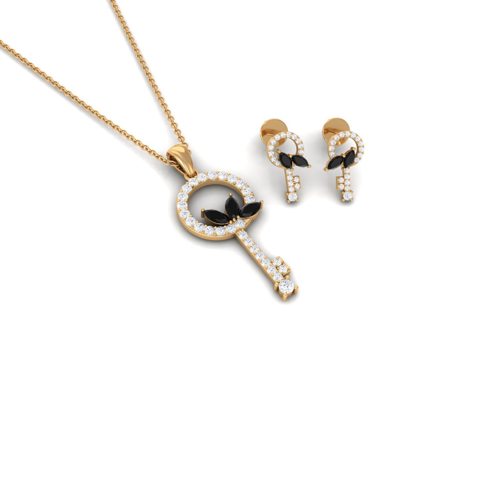Natural Black Onyx Key Pendant and Earrings Set with Diamond