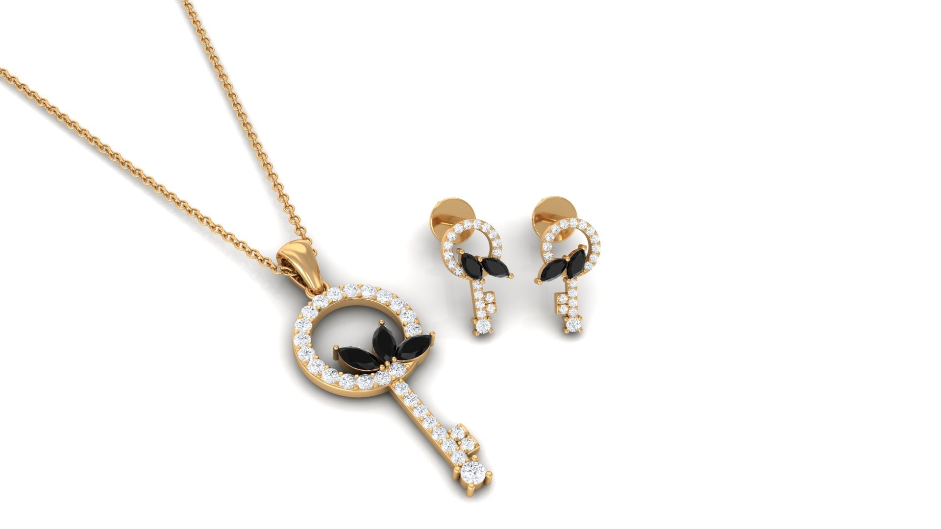 Natural Black Onyx Key Pendant and Earrings Set with Diamond