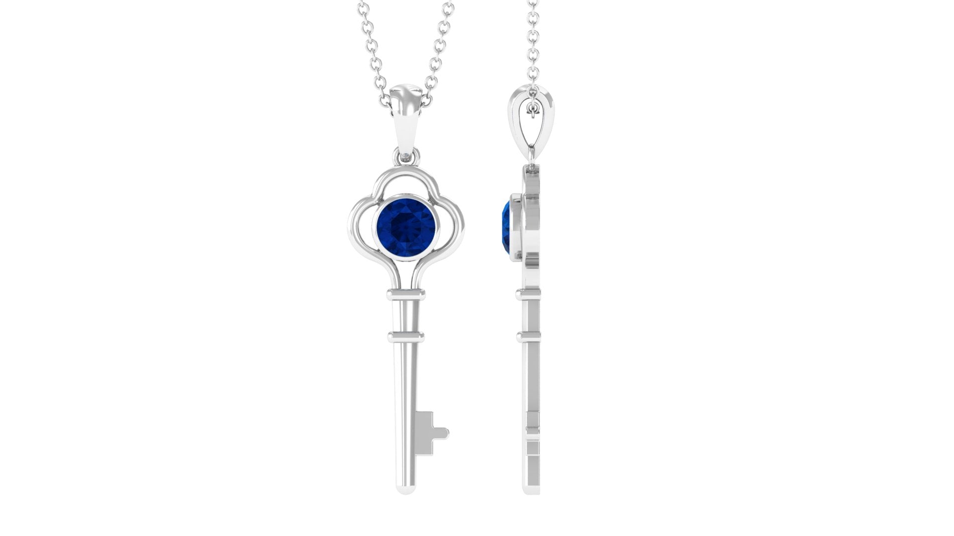 Natural 1 Carat Blue Sapphire Key Pendant Necklace