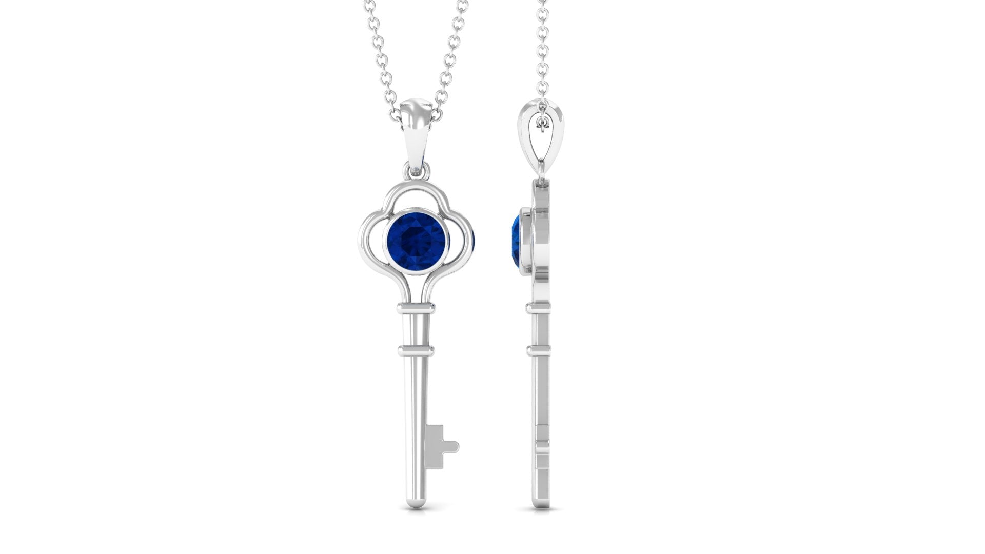 Natural 1 Carat Blue Sapphire Key Pendant Necklace