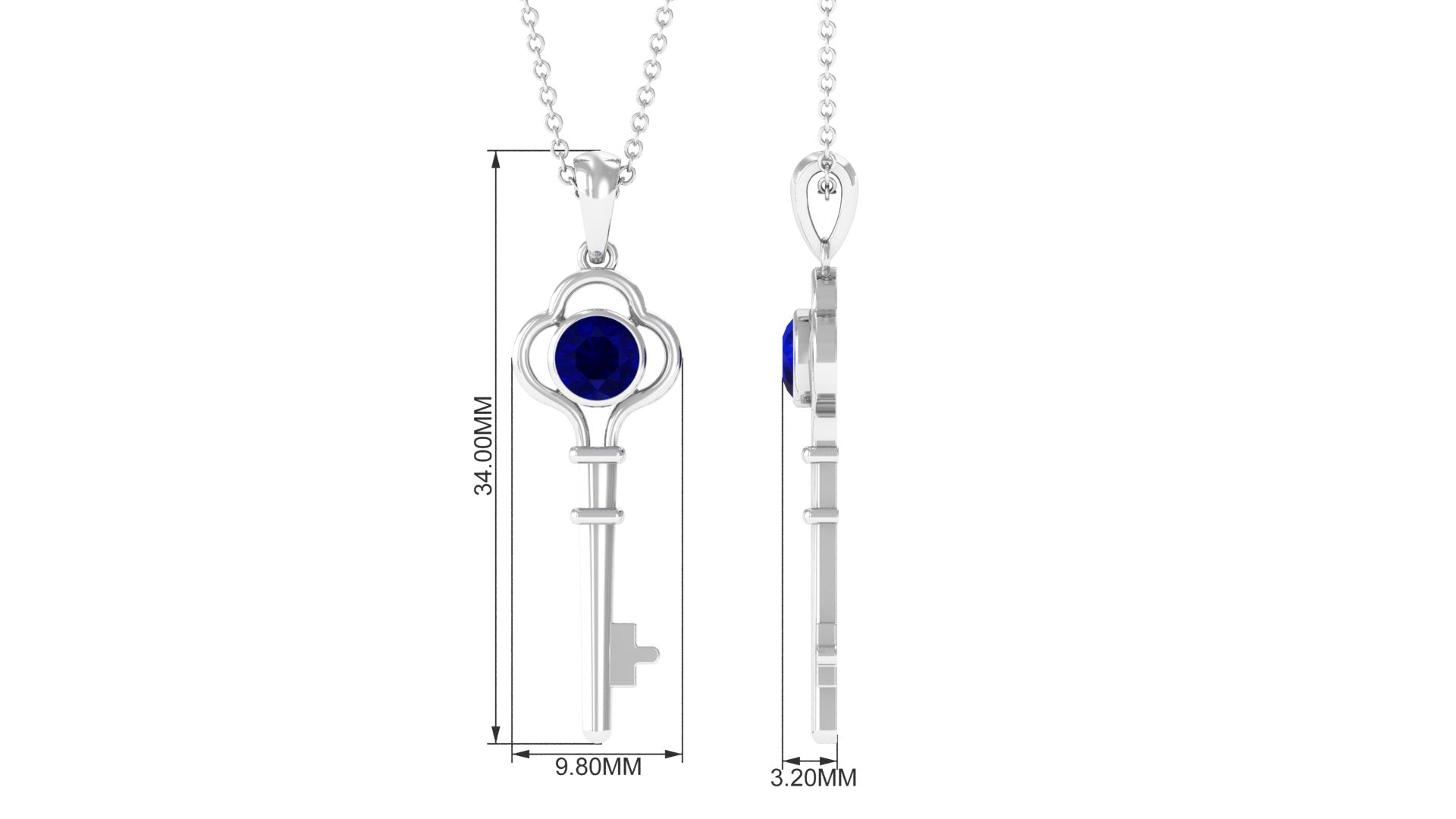 Natural 1 Carat Blue Sapphire Key Pendant Necklace