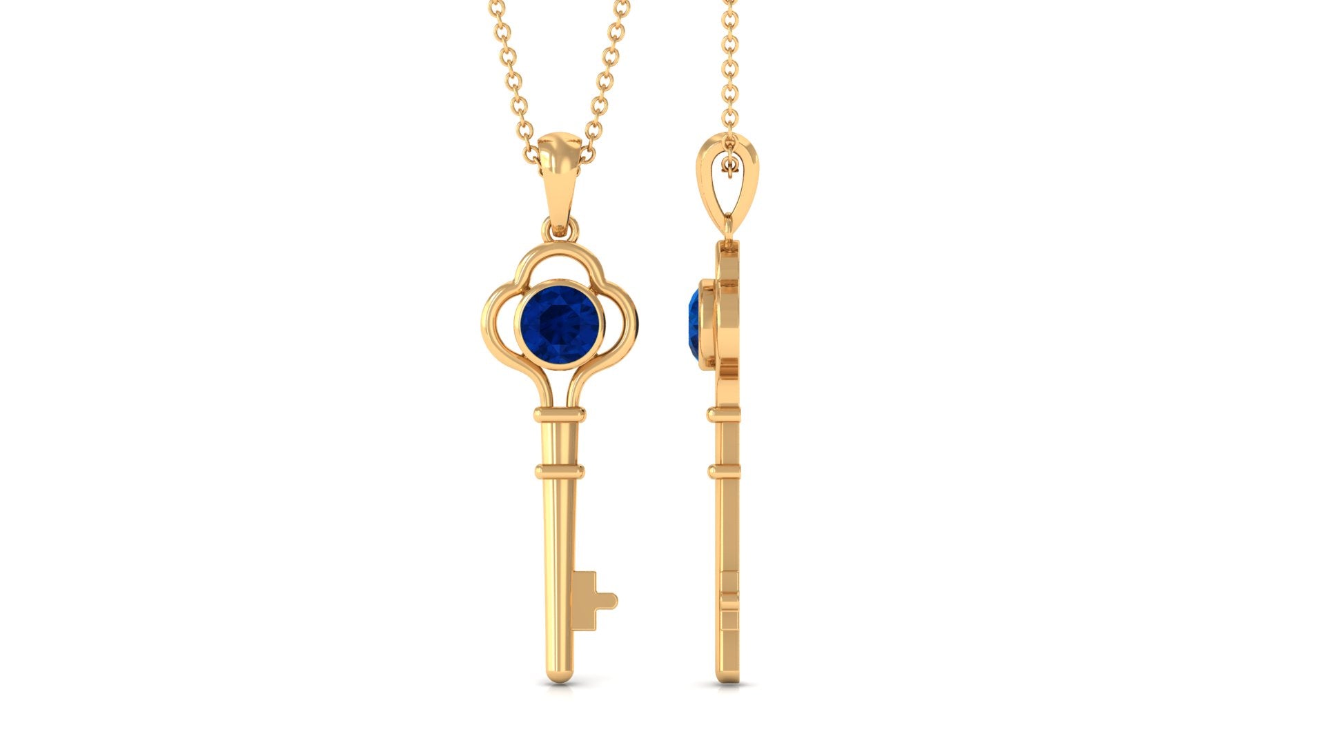 Natural 1 Carat Blue Sapphire Key Pendant Necklace