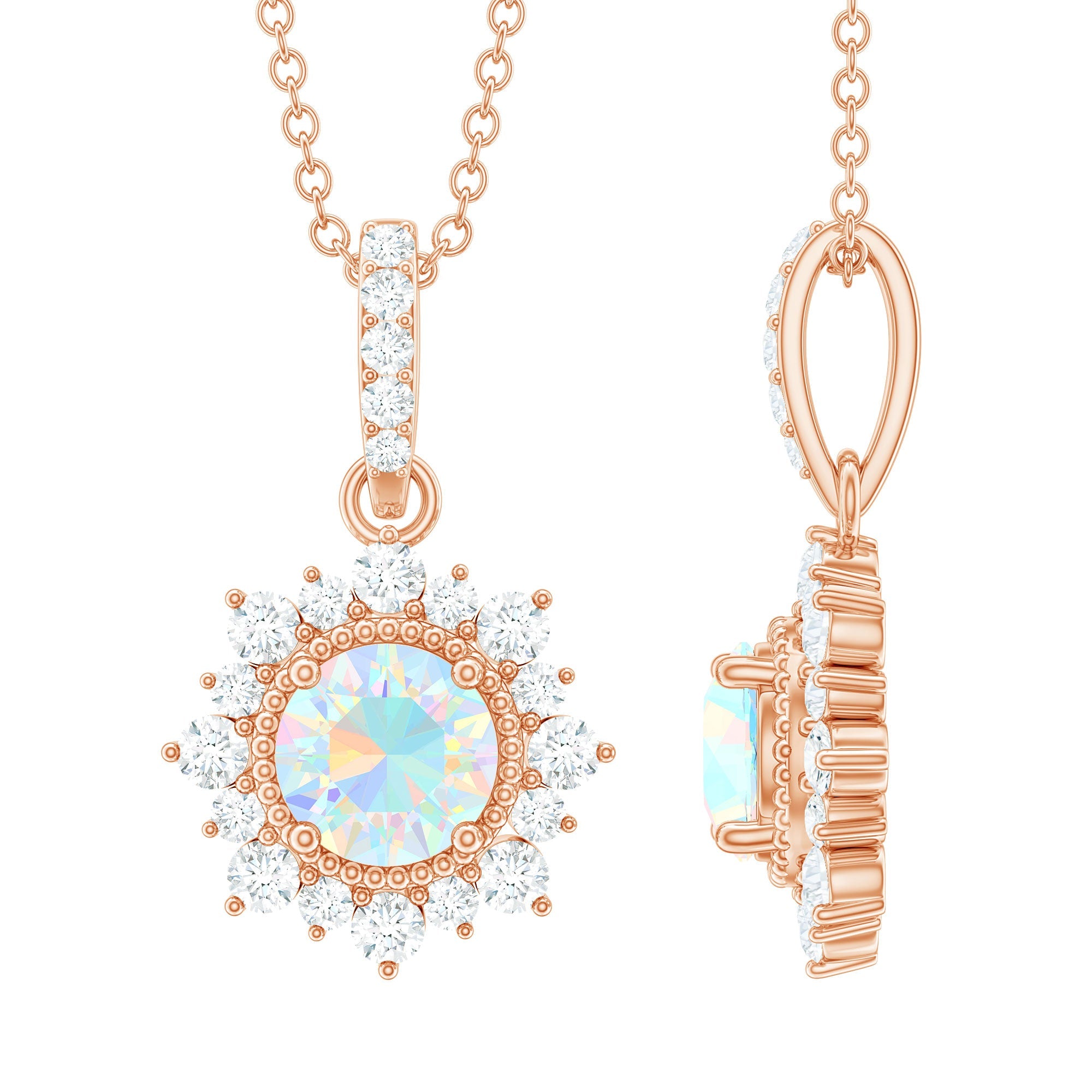 Natural 0.8 Ethiopian Opal Flower Necklace with Diamond Halo