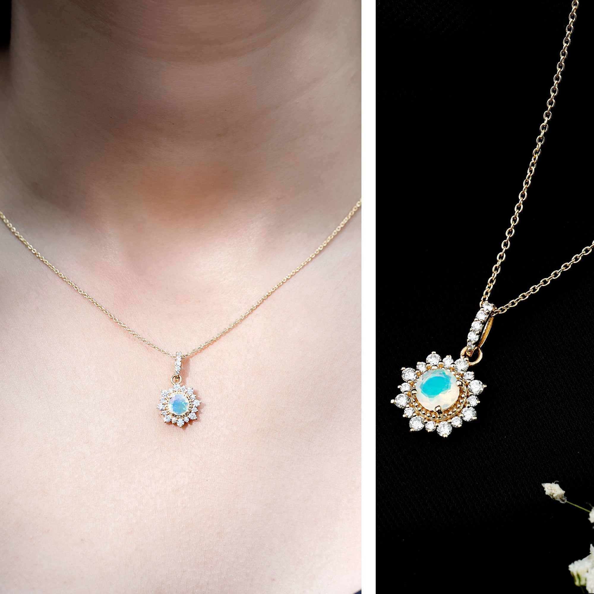 Natural 0.8 Ethiopian Opal Flower Necklace with Diamond Halo