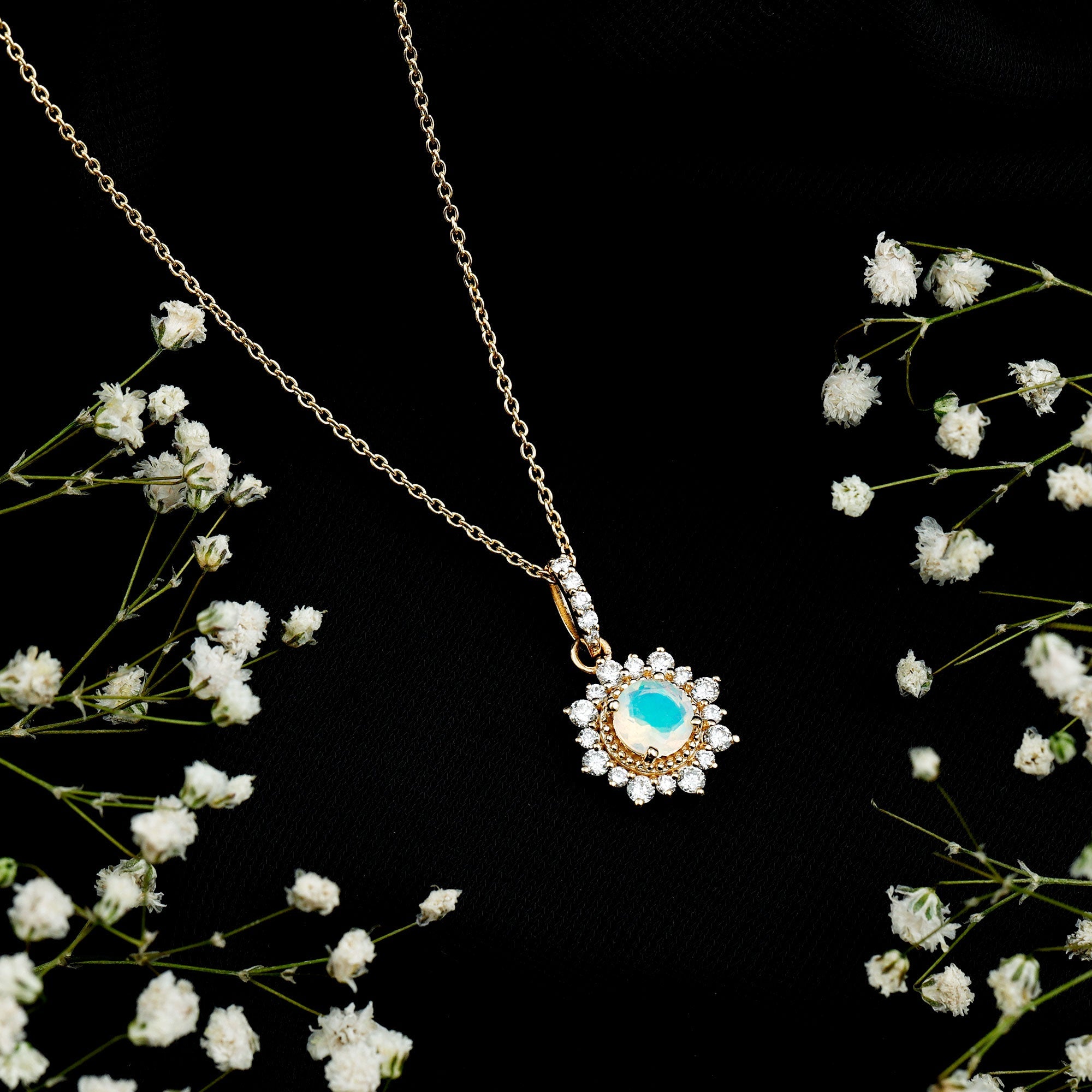 Natural 0.8 Ethiopian Opal Flower Necklace with Diamond Halo