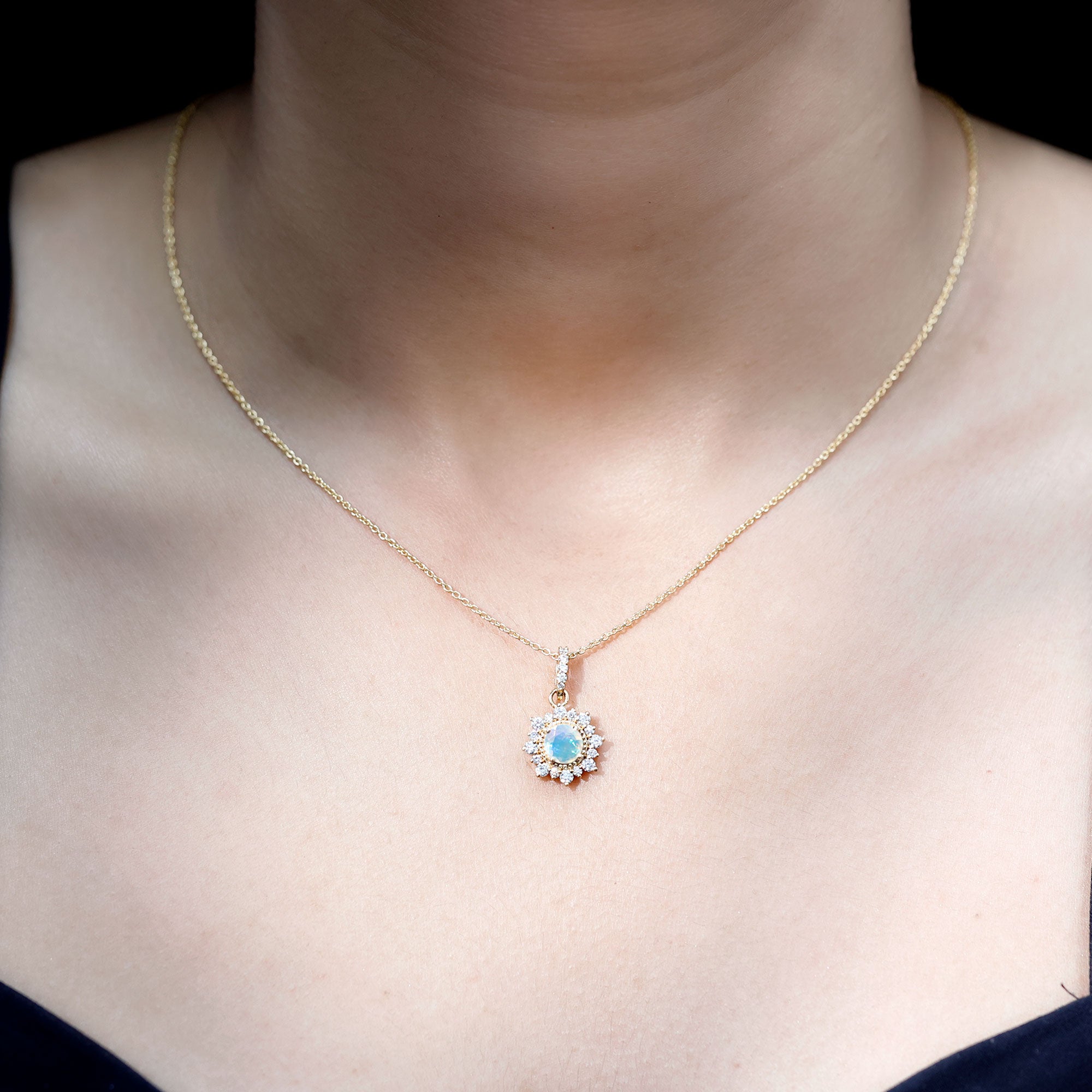 Natural 0.8 Ethiopian Opal Flower Necklace with Diamond Halo