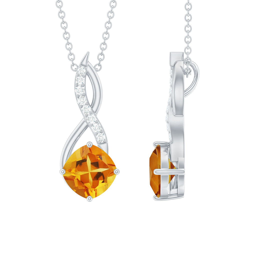 Natural 2.23 Carat Cushion Cut Citrine Infinity Pendant Necklace with Diamond
