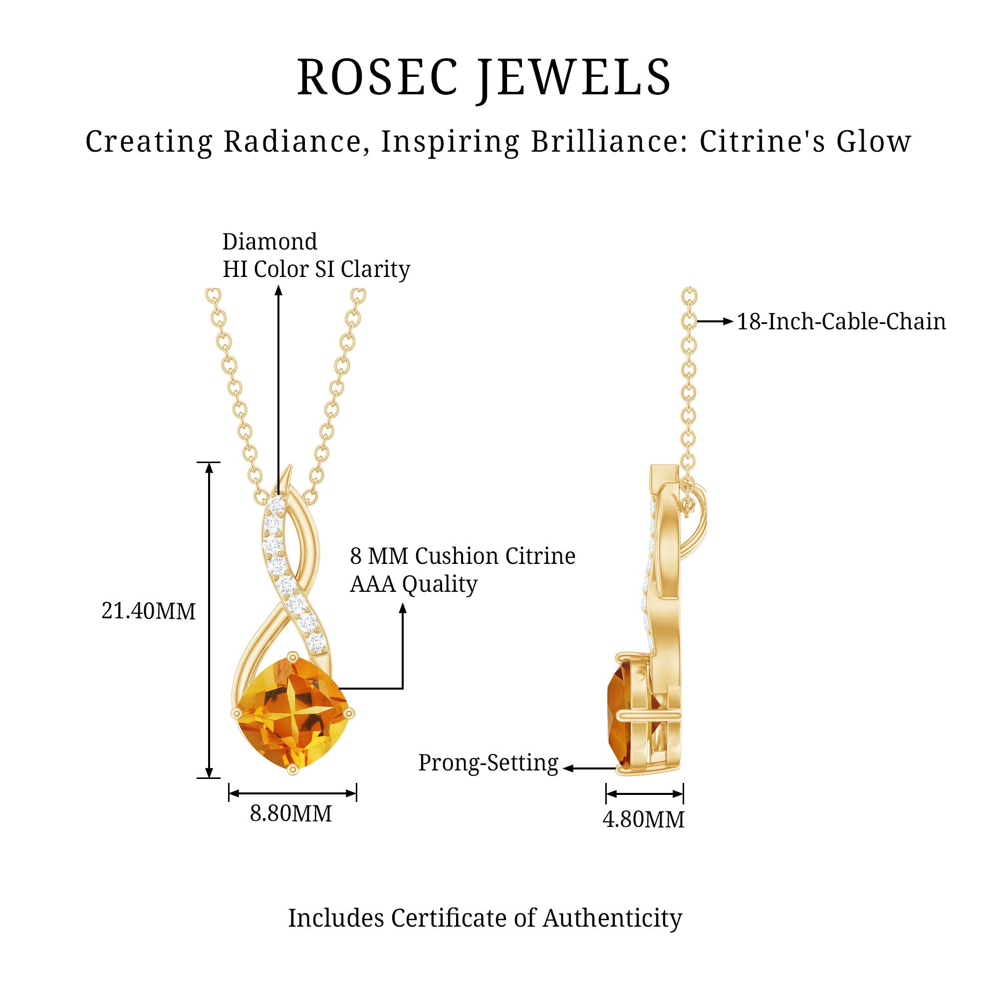 Natural 2.23 Carat Cushion Cut Citrine Infinity Pendant Necklace with Diamond