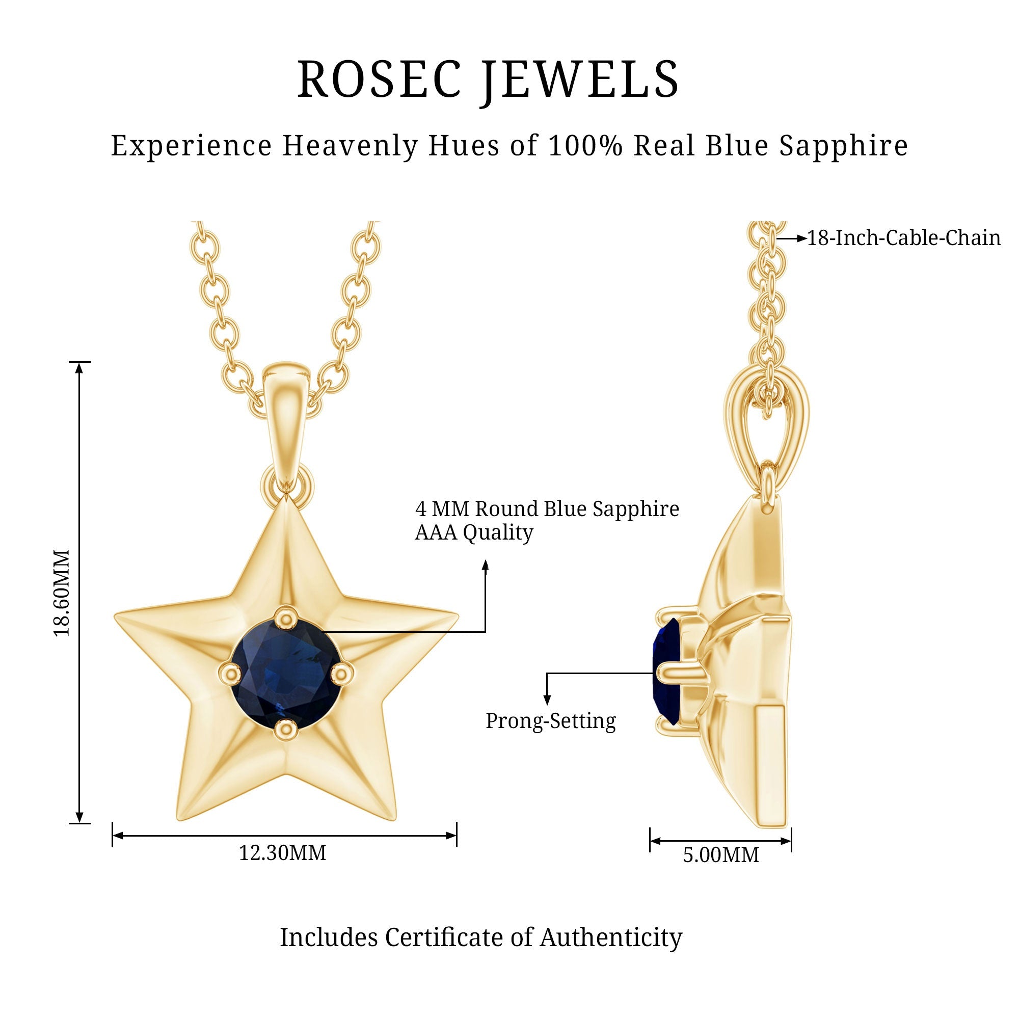 Natural Blue Sapphire Star Pendant Necklace for Women