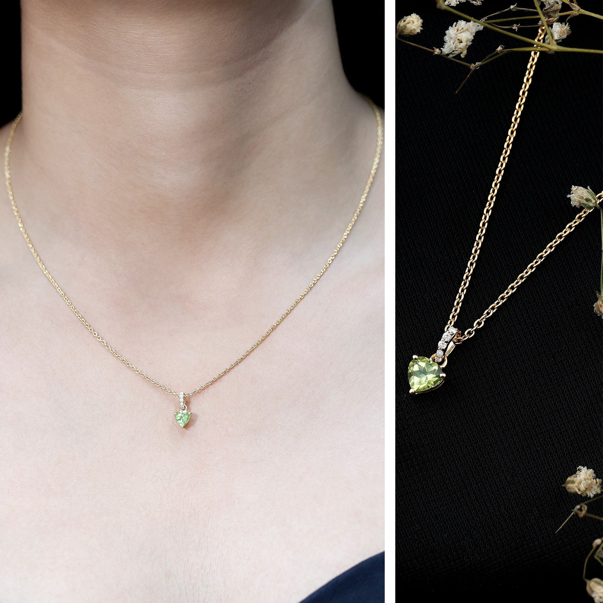 Natural 05 CT Heart Shape Peridot Diamond Pendant Necklace with Chain