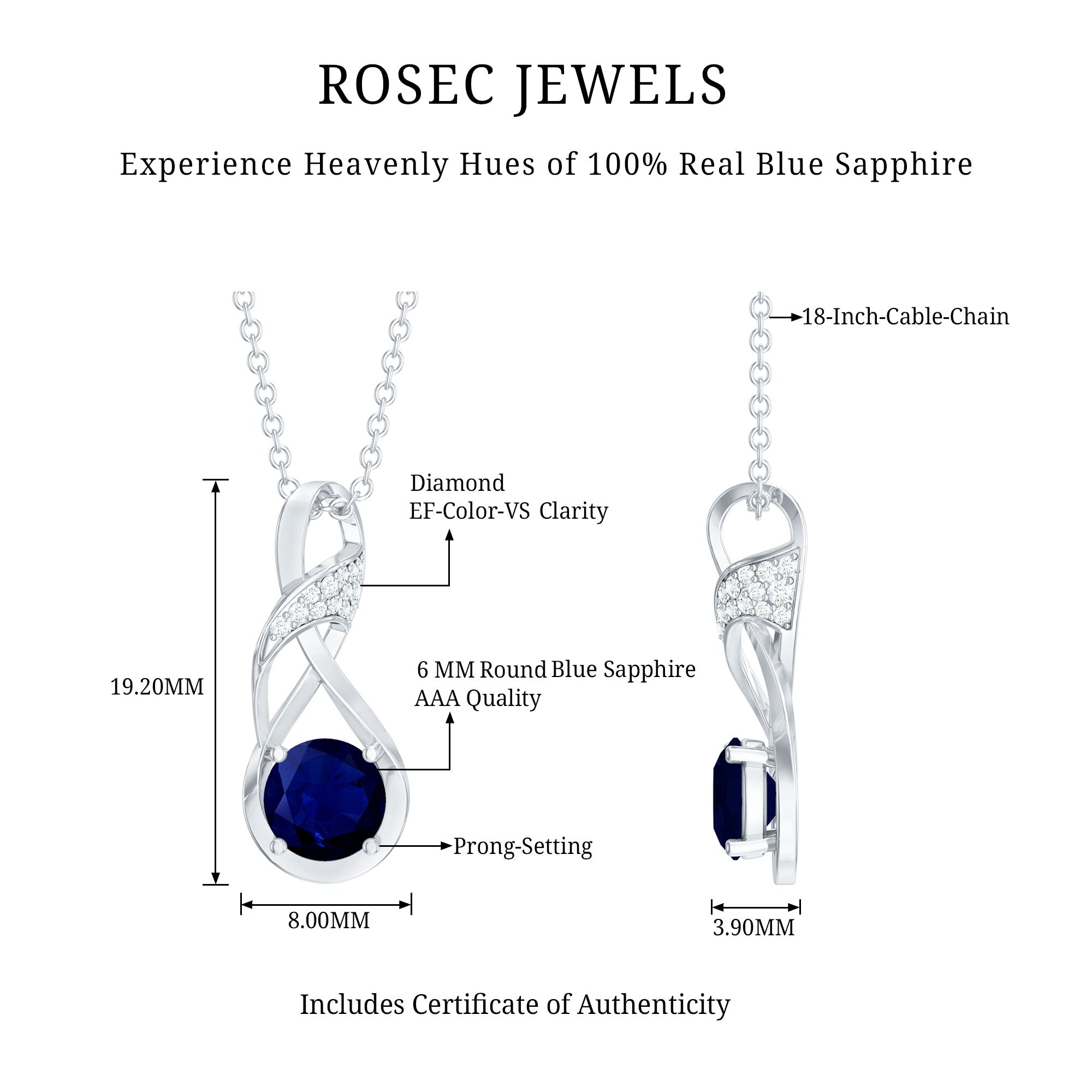 Natural 1 Carat Blue Sapphire Infinity Necklace with Silver Chain