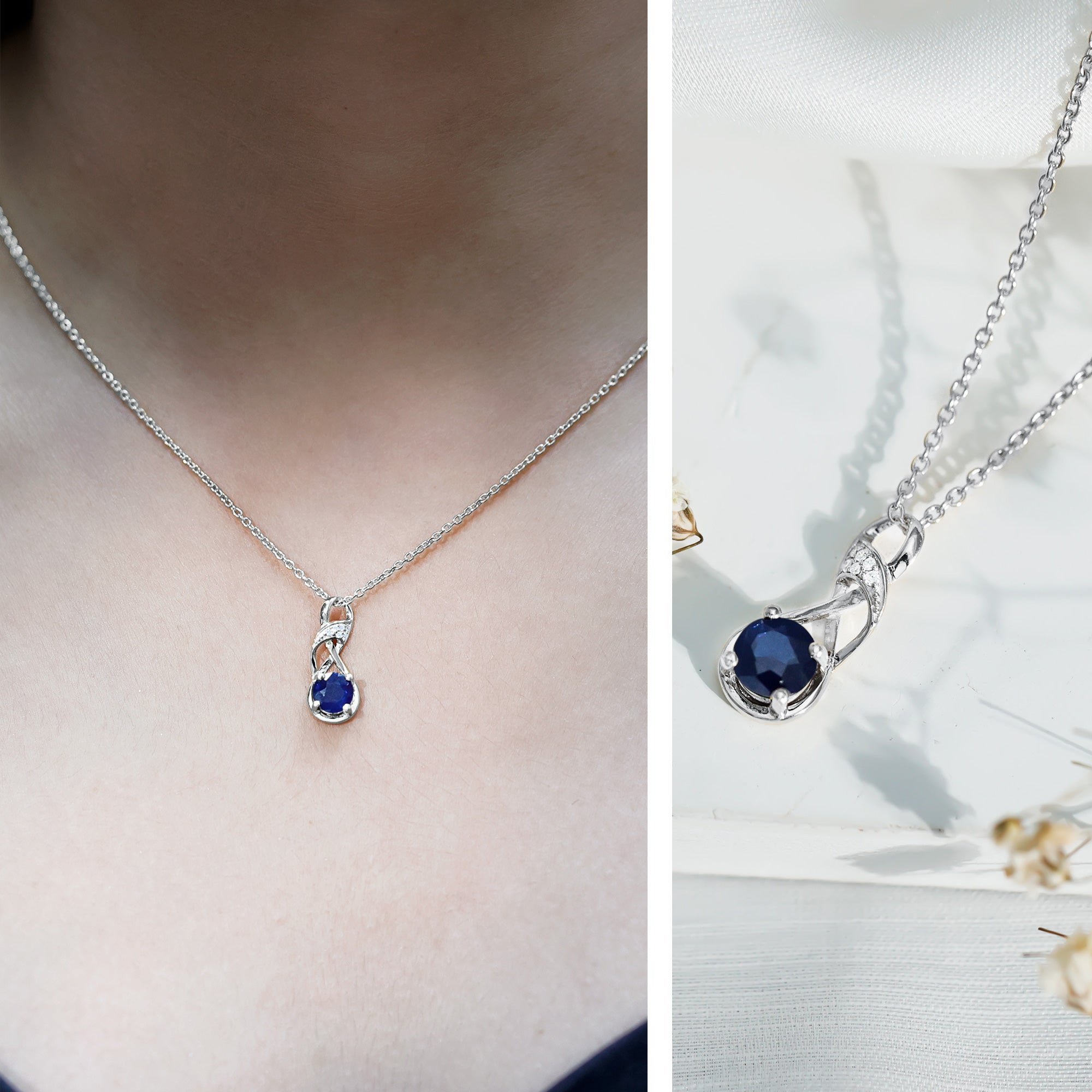 Natural 1 Carat Blue Sapphire Infinity Necklace with Silver Chain