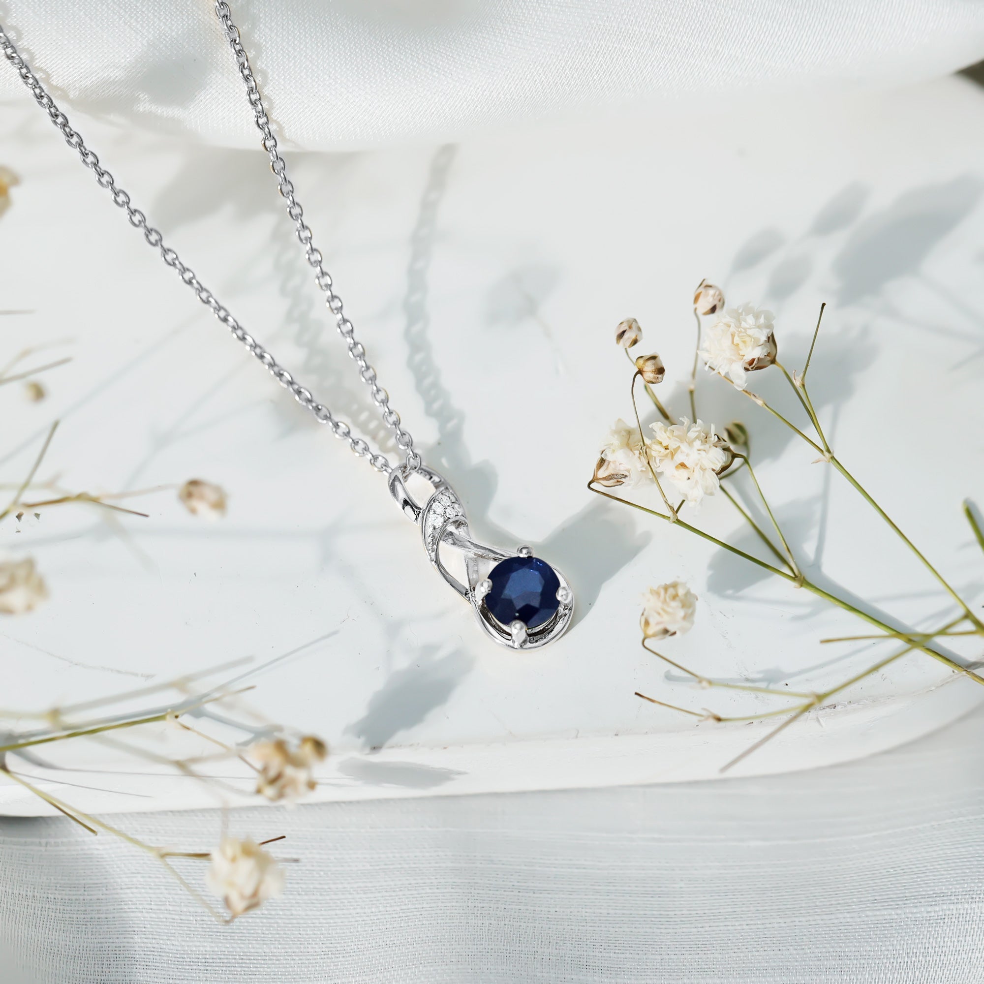 Natural 1 Carat Blue Sapphire Infinity Necklace with Silver Chain