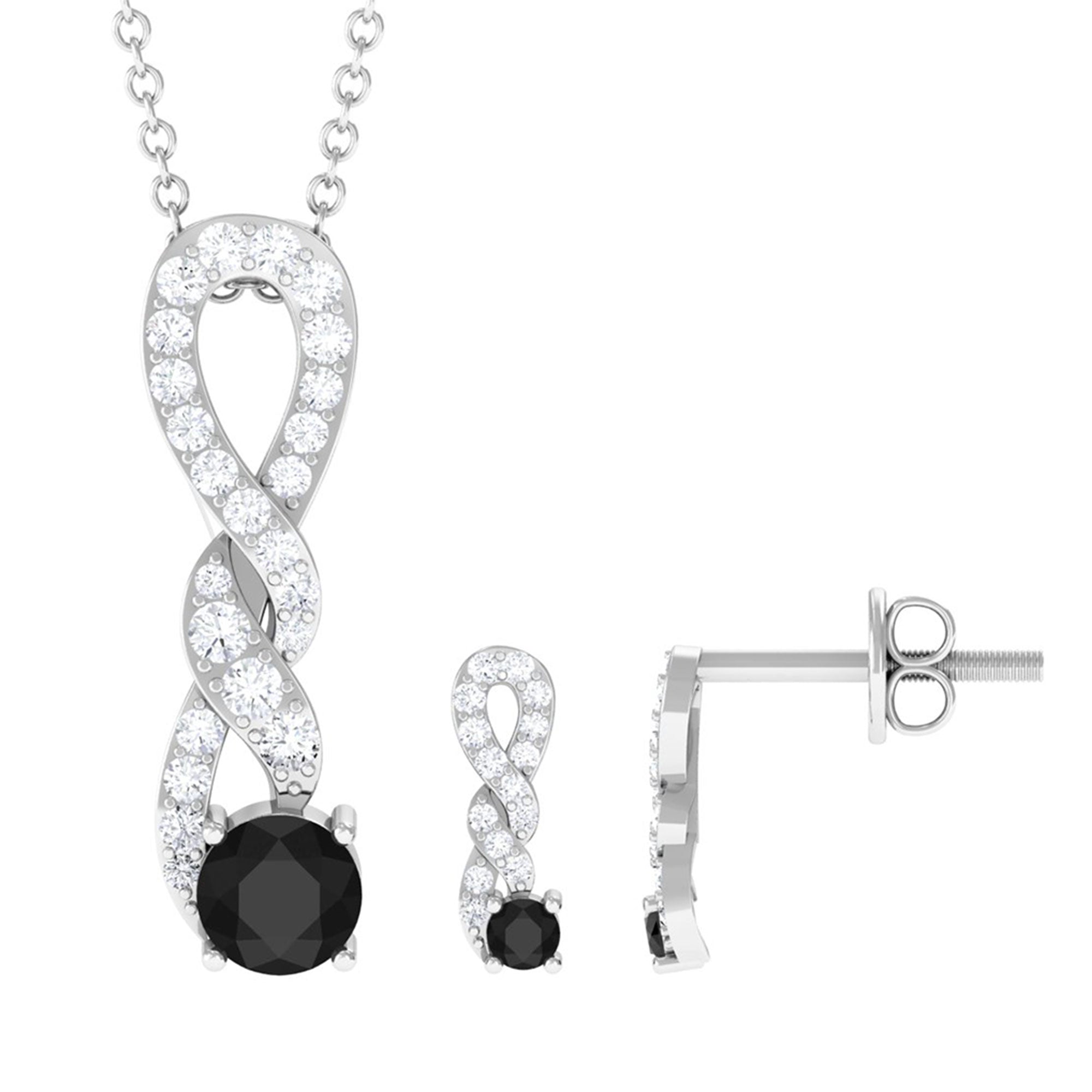 Natural Black Onyx Diamond Twisted Pendant and Earrings Set for Women