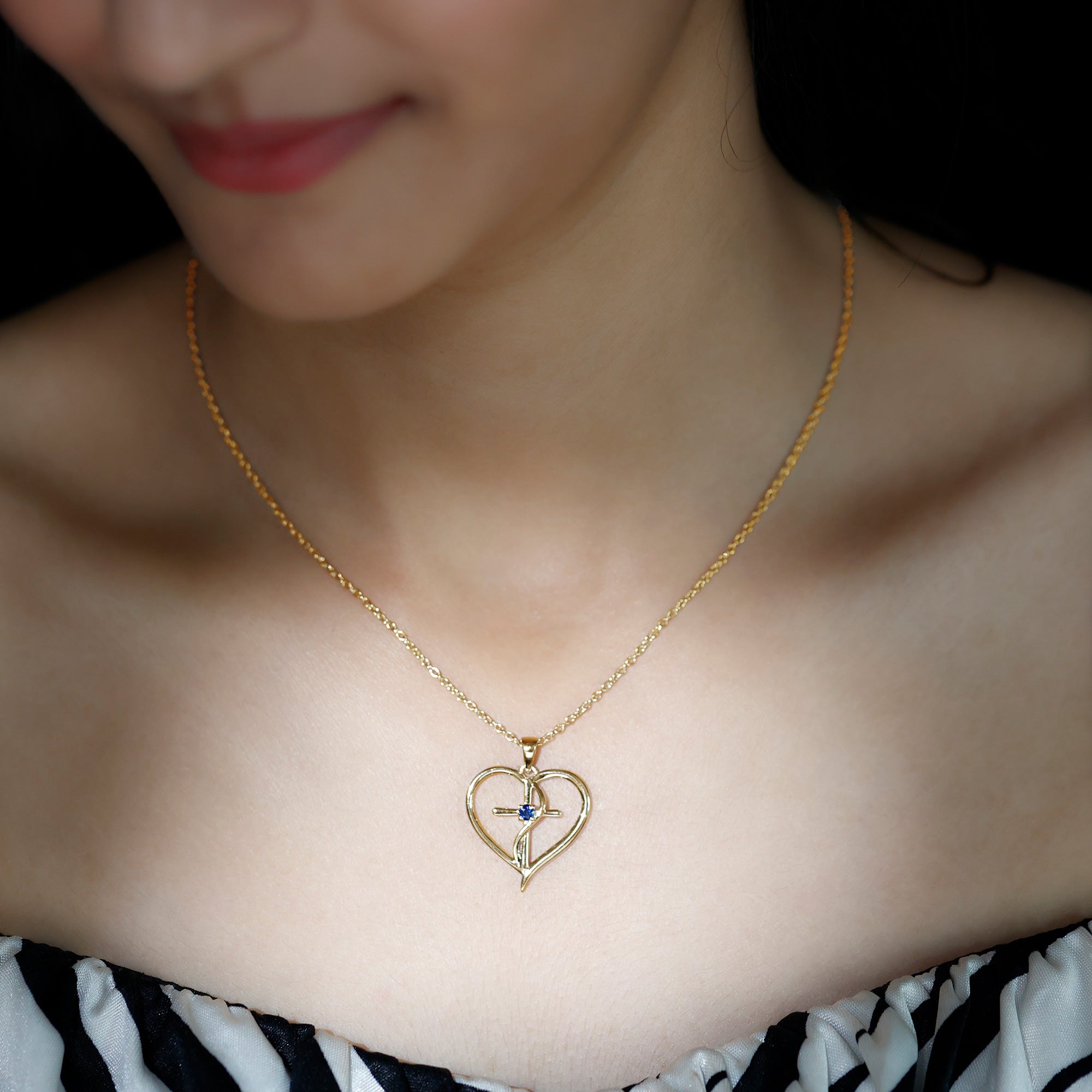 Natural Blue Sapphire Cross Heart Necklace for Women