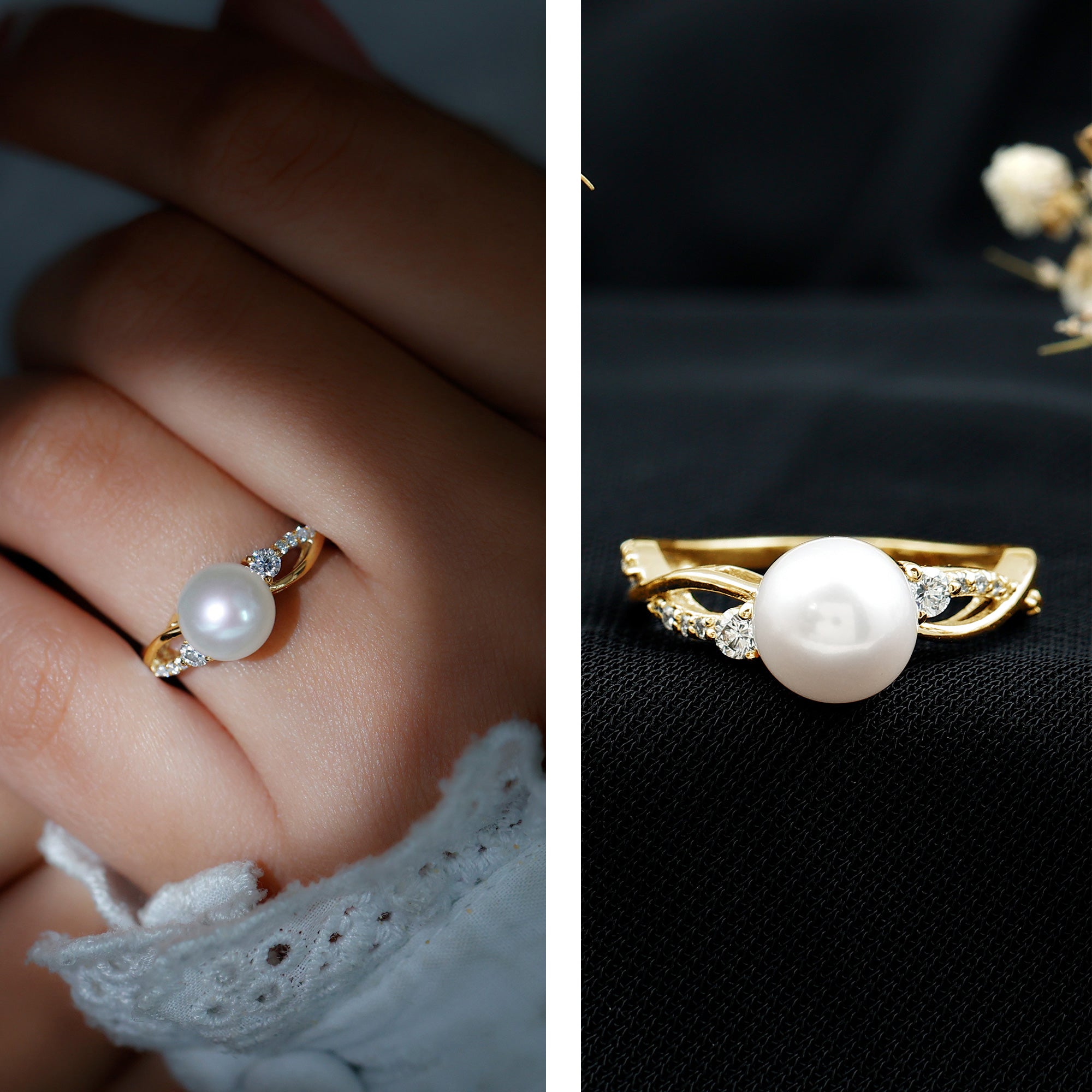 Natural Freshwater Pearl and Diamond Solitaire Crossover Ring