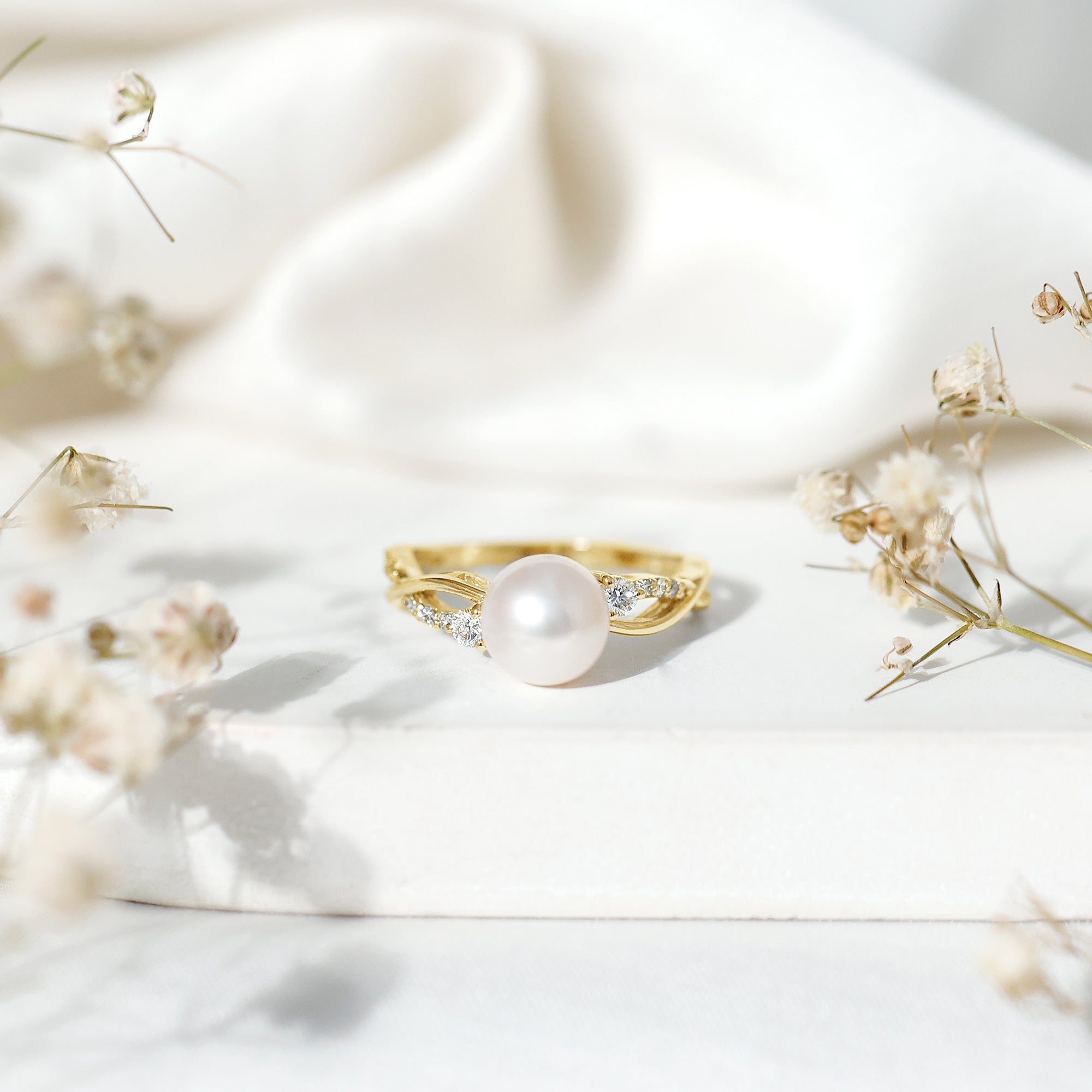 Natural Freshwater Pearl and Diamond Solitaire Crossover Ring