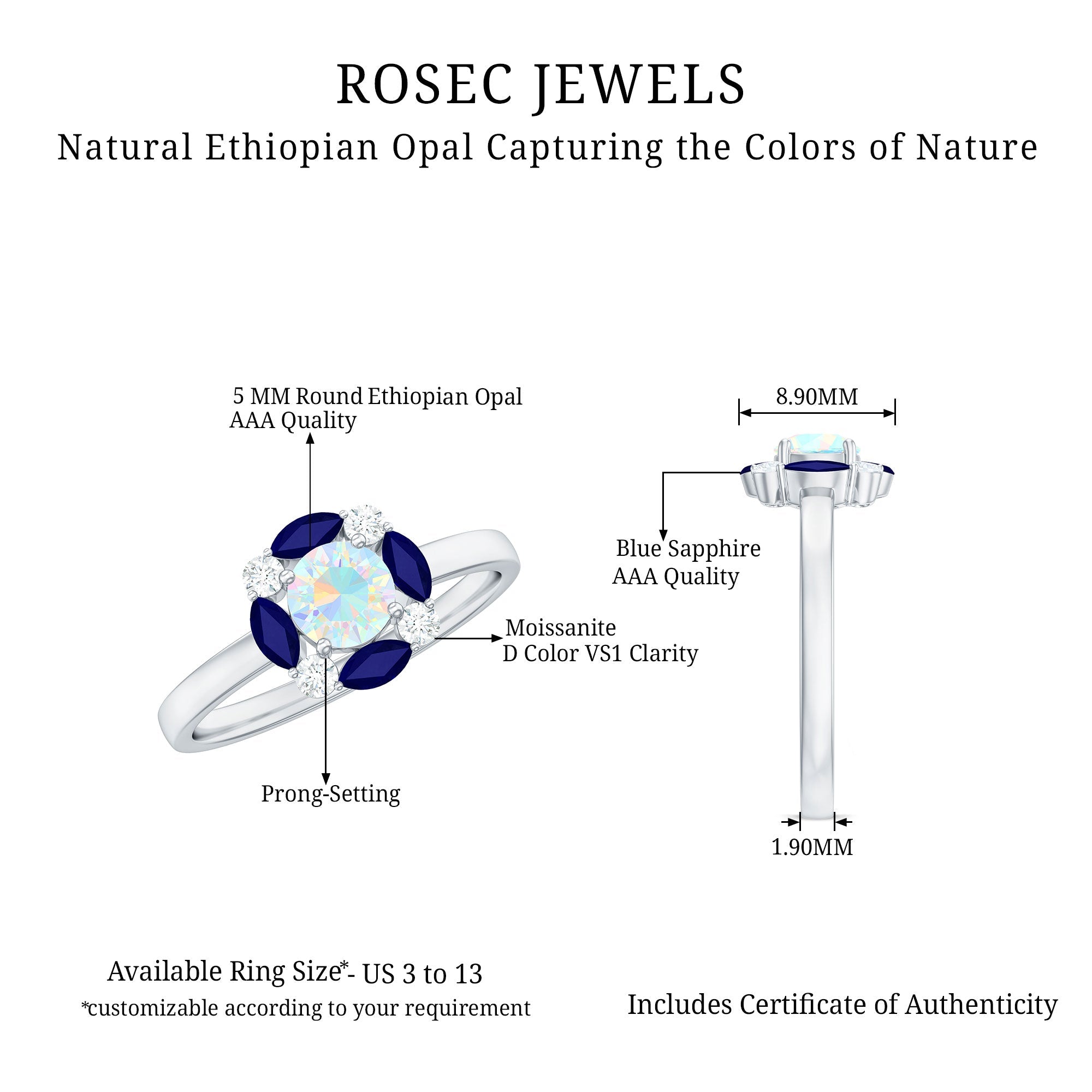 Natural Rainbow Opal and Sapphire Designer Ring