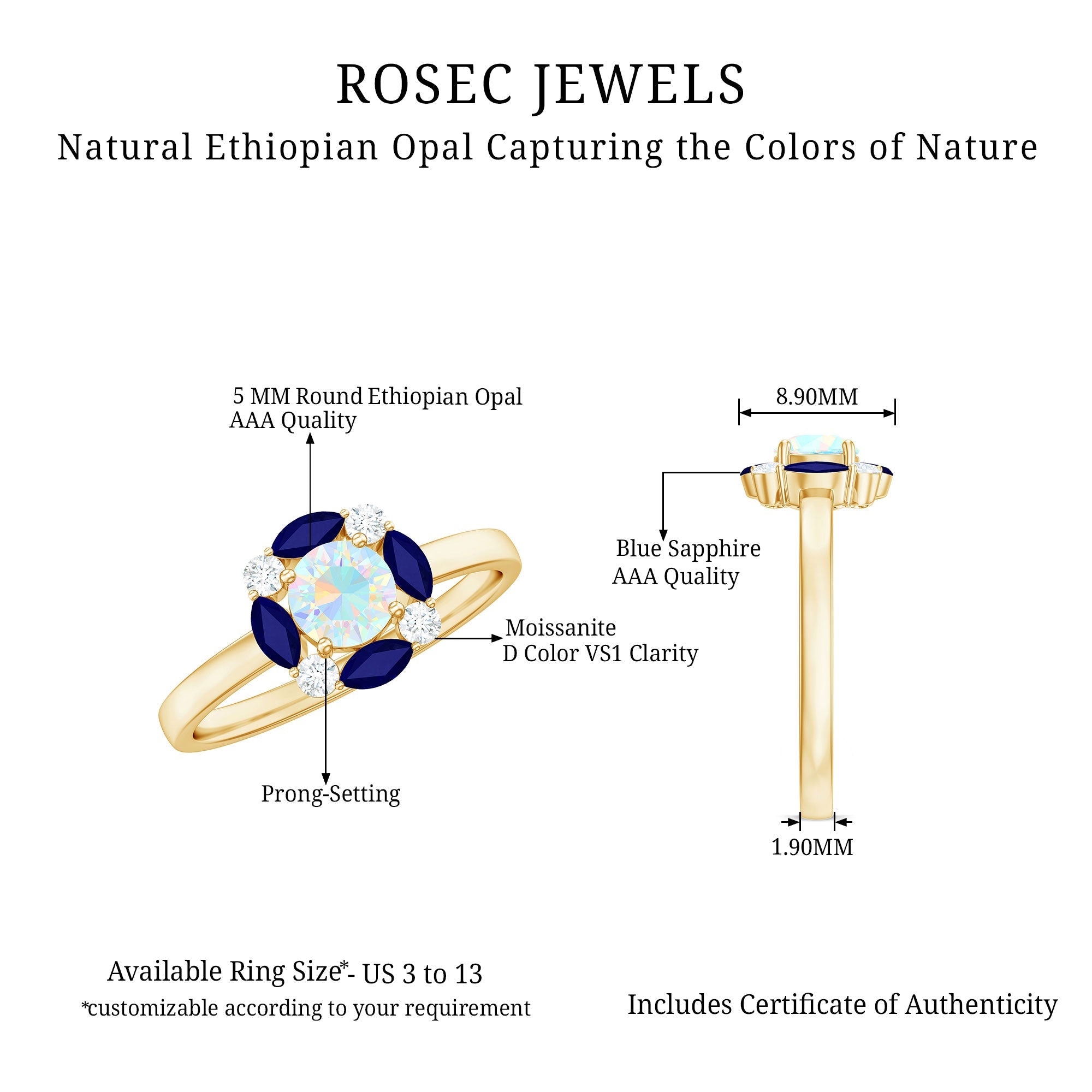 Natural Rainbow Opal and Sapphire Designer Ring
