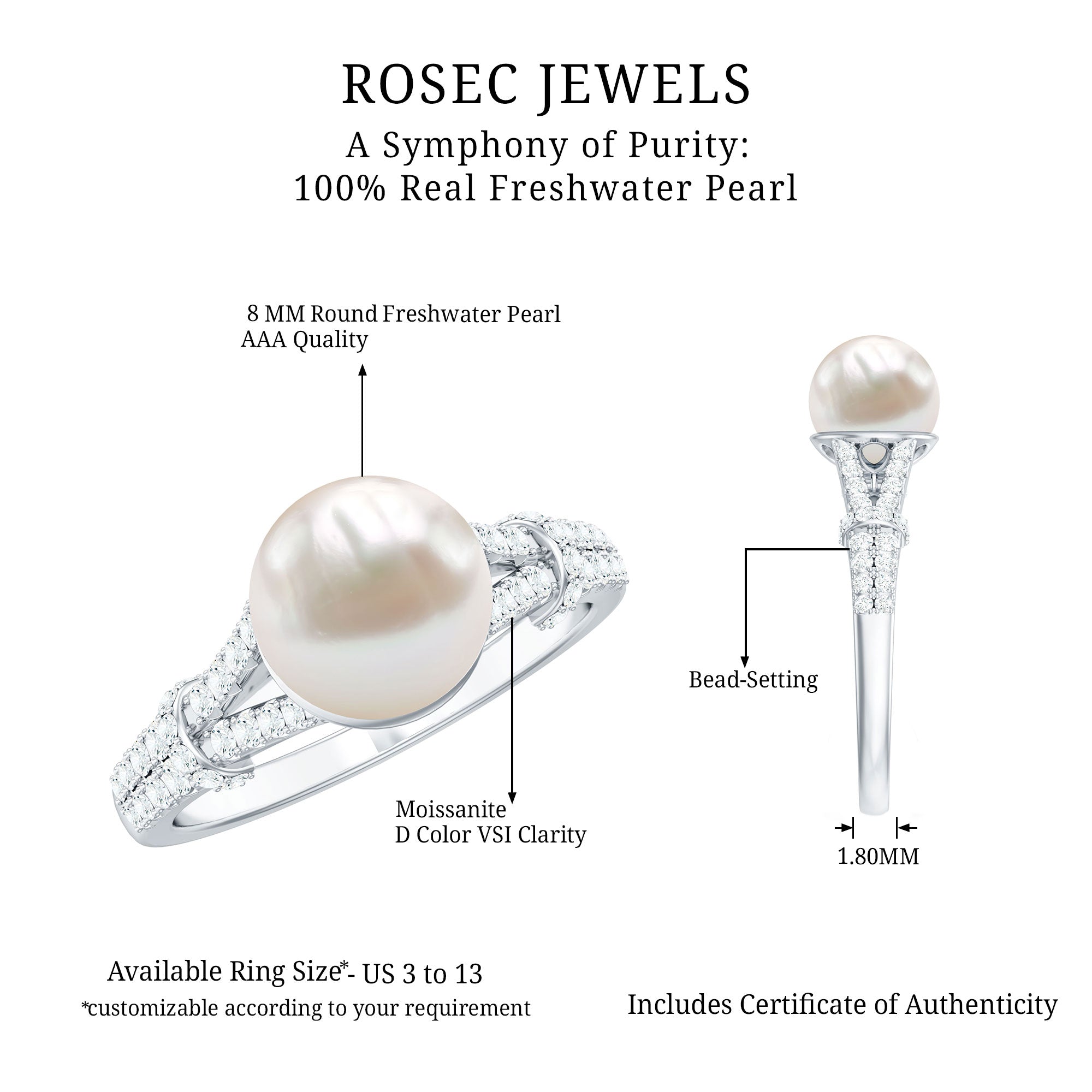 Natural 8 MM Pearl Solitaire Engagement Ring with Moissanite