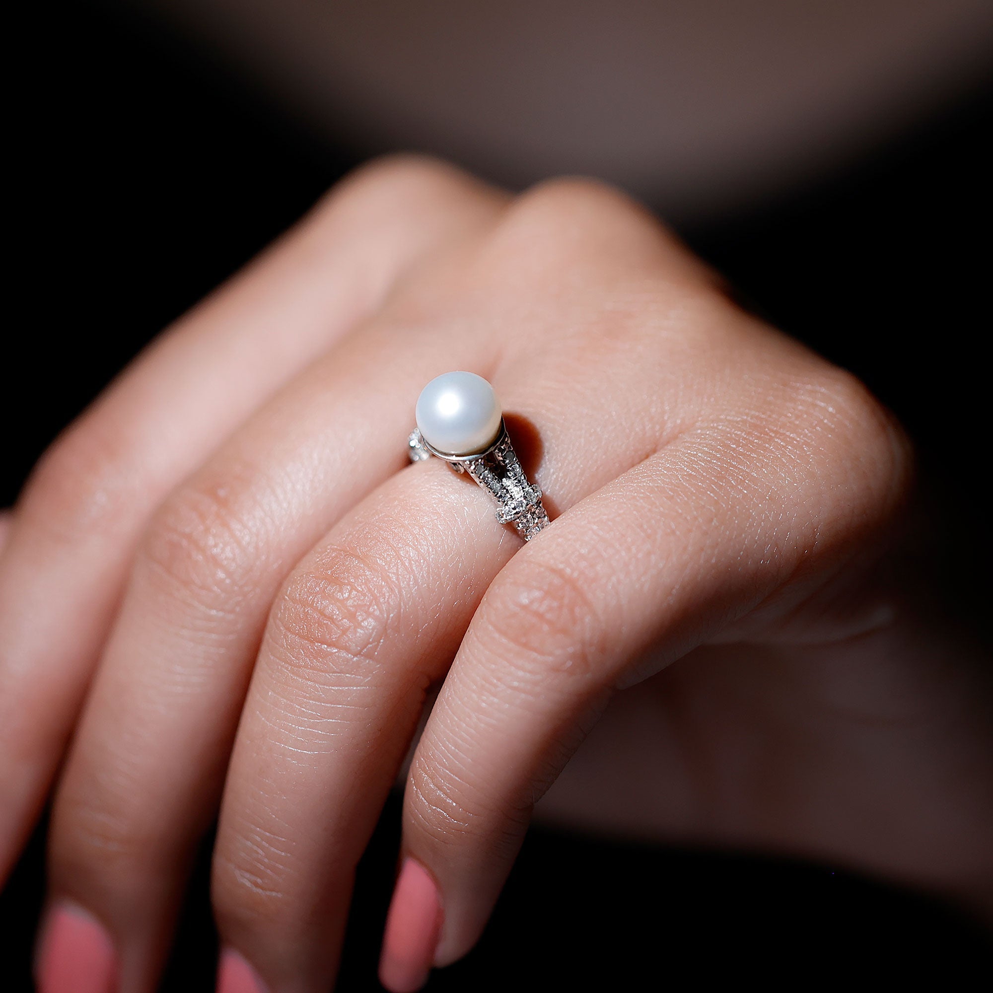 Natural 8 MM Pearl Solitaire Engagement Ring with Moissanite